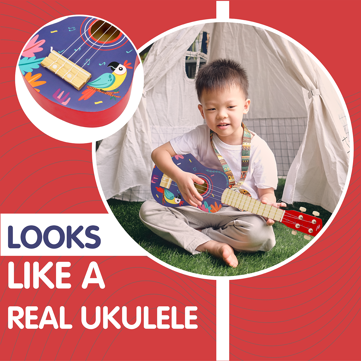 Leo & Friends Wooden Ukulele for Toddlers | Made with Non-Toxic Wood, Colorful Red & Purple Design with Parrots | Perfect Educational Music Toy for Girls and Boys, Includes Strings for Strumming