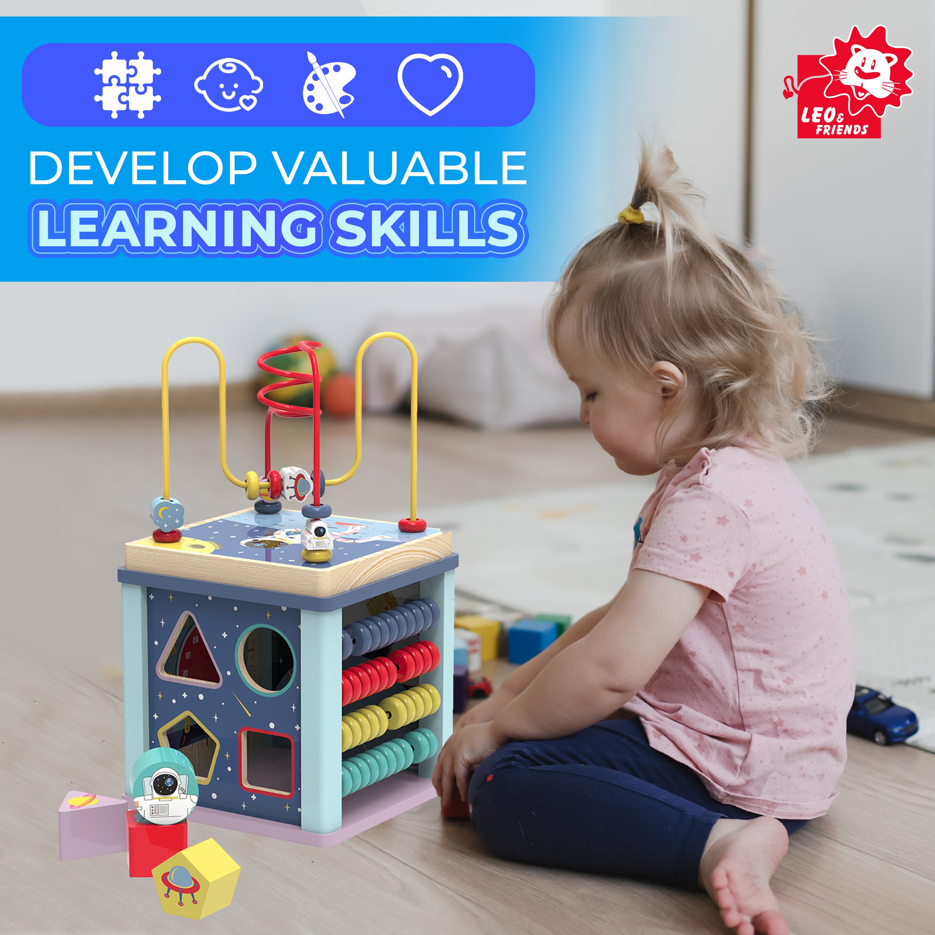 Leo & Friends Toddler Wooden Space Activity Cube, 6-Piece Educational Play Set, and Puzzle | Baby Toy with Bead Maze for Boys and Girls | Endless Activity Options, Perfect Birthday Present