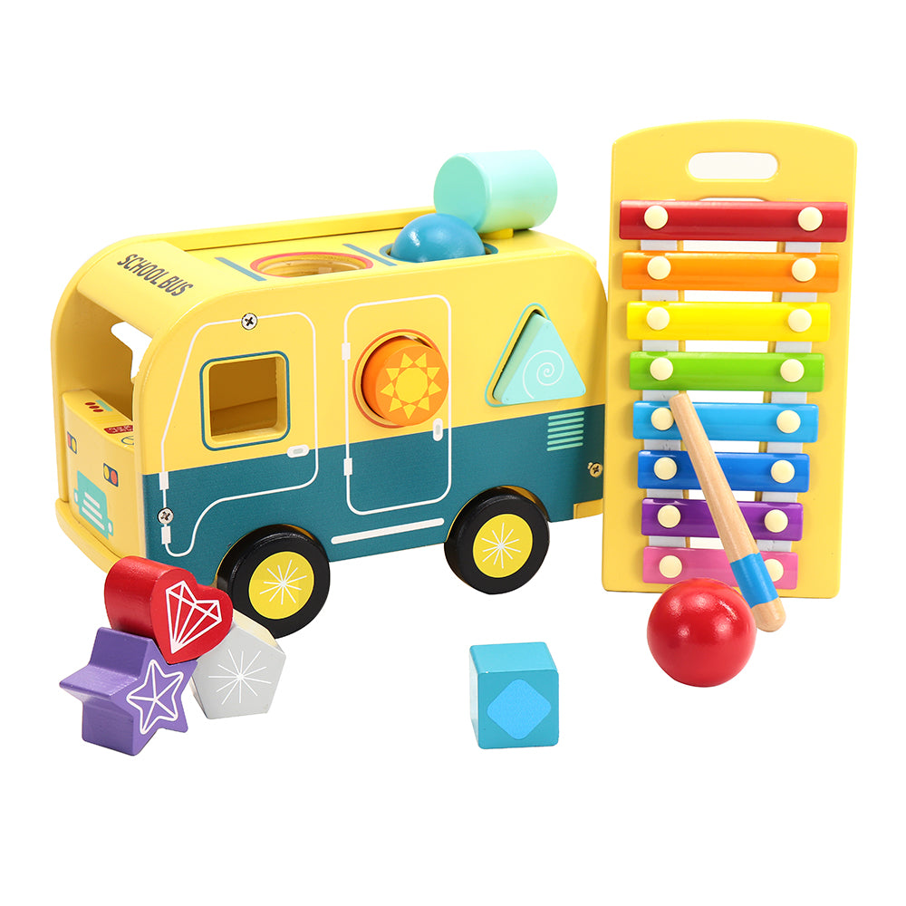 Leo & Friends School Bus Pound and Tap Bus Bench, Wooden Toy Bus with Slide Out Xylophone | Durable Musical Pounding Toy | 8 Colorful Blocks, 1 Hammer, and 1 Rainbow Xylophone Included | Perfect Educational Gift for Toddlers