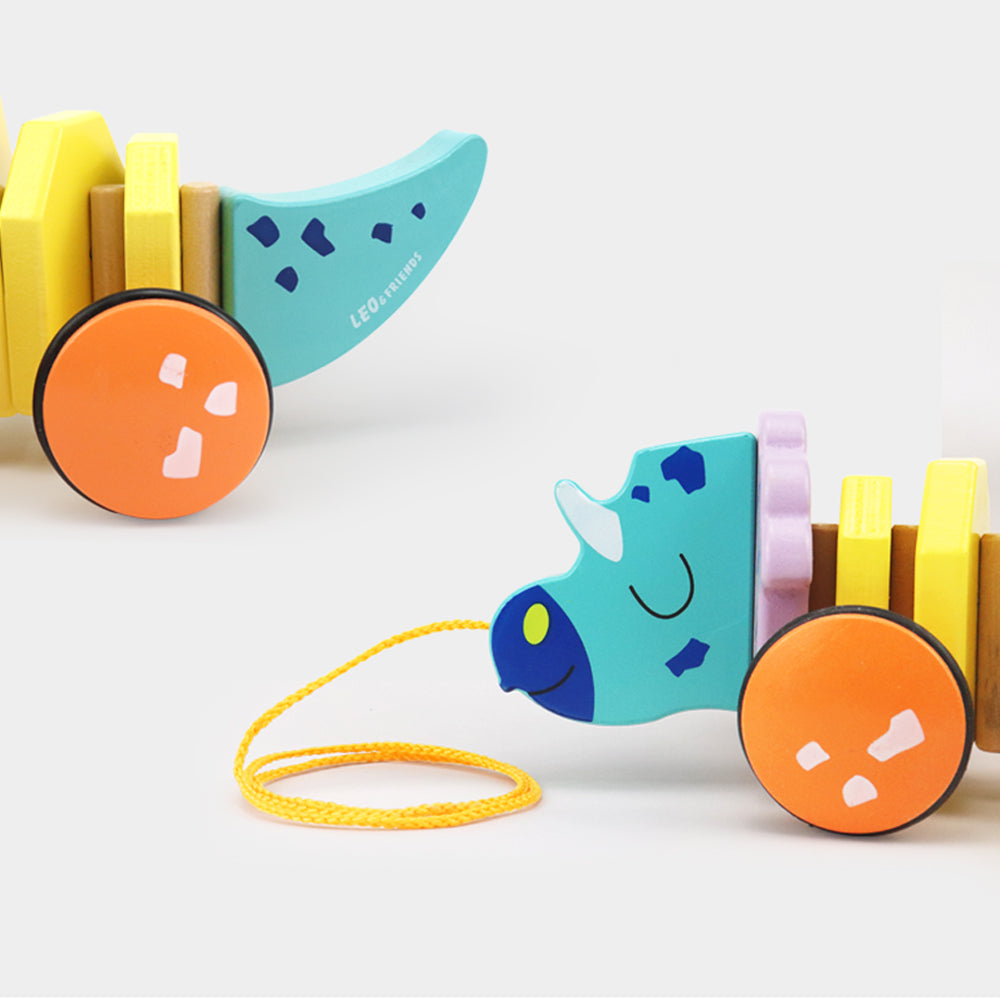 Leo & Friends Pull Along Walking Triceratops Wooden Toy for Boys and Girls | Flexible Dino Walk Along Toy, Pushes and Pulls | Rubbed Rimmed Wheels for Educational Fun, Perfect Birthday or Holiday Gift