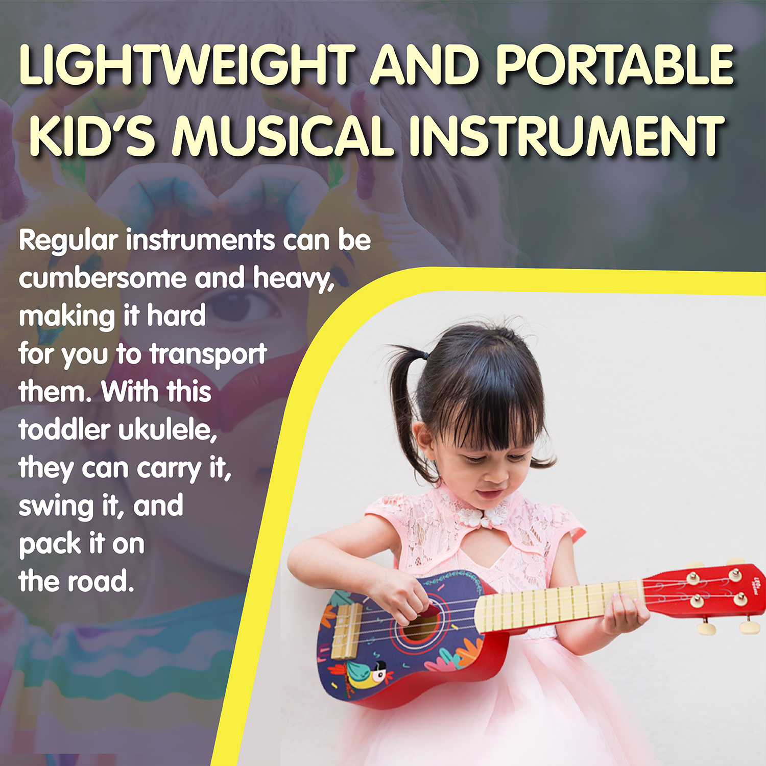 Leo & Friends Wooden Ukulele for Toddlers | Made with Non-Toxic Wood, Colorful Red & Purple Design with Parrots | Perfect Educational Music Toy for Girls and Boys, Includes Strings for Strumming