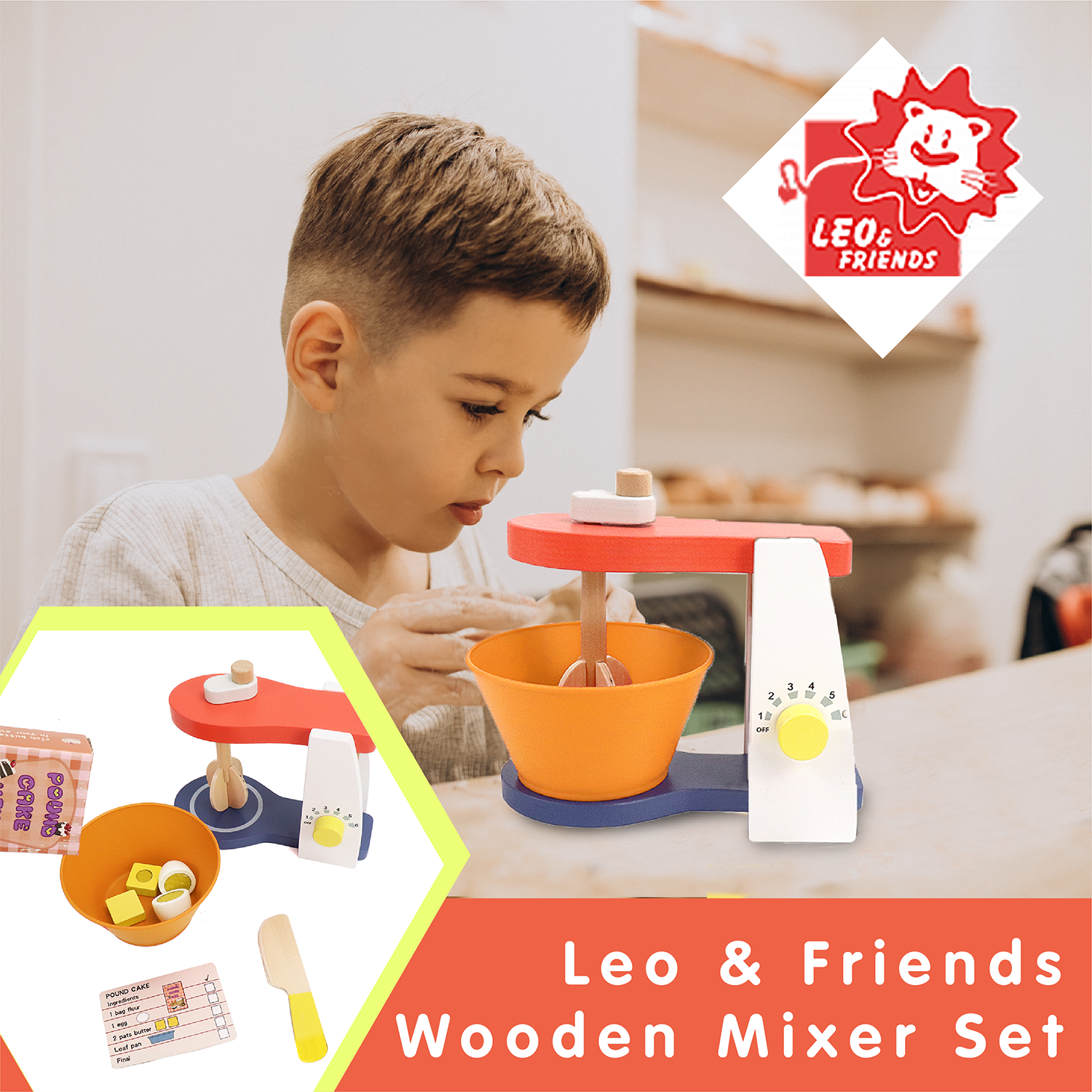 Leo & Friends Wooden Mixer Set - Make-A-Cake Mixer Kit with Hand Crank Mixer | Perfect Christmas, Birthday Present for Kids Ages 3 and Older