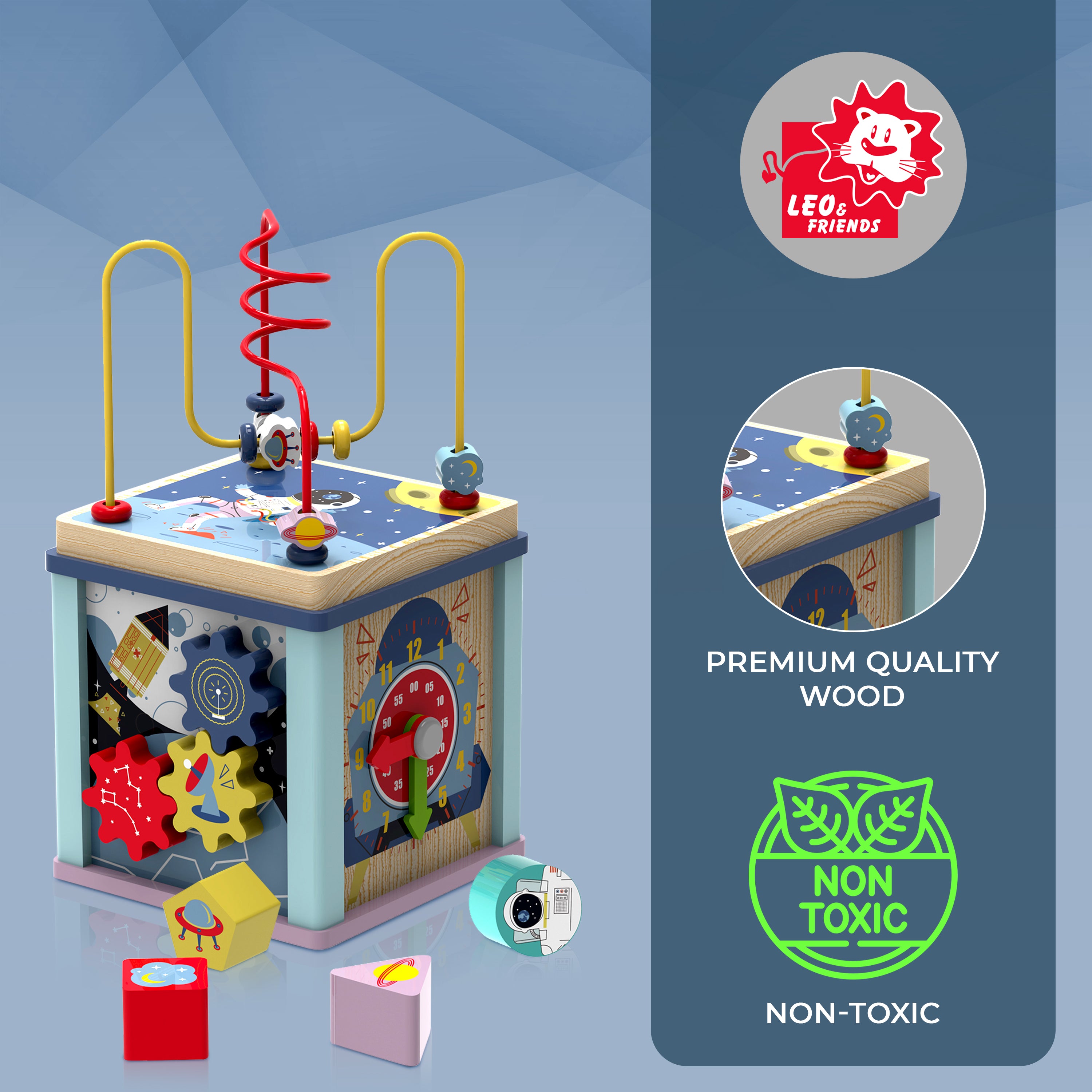 Leo & Friends Toddler Wooden Space Activity Cube, 6-Piece Educational Play Set, and Puzzle | Baby Toy with Bead Maze for Boys and Girls | Endless Activity Options, Perfect Birthday Present