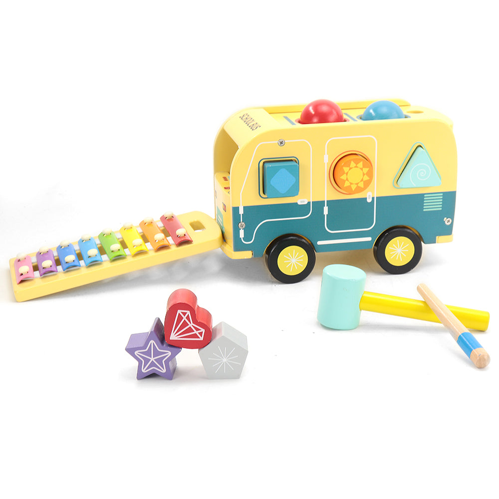 Leo & Friends School Bus Pound and Tap Bus Bench, Wooden Toy Bus with Slide Out Xylophone | Durable Musical Pounding Toy | 8 Colorful Blocks, 1 Hammer, and 1 Rainbow Xylophone Included | Perfect Educational Gift for Toddlers