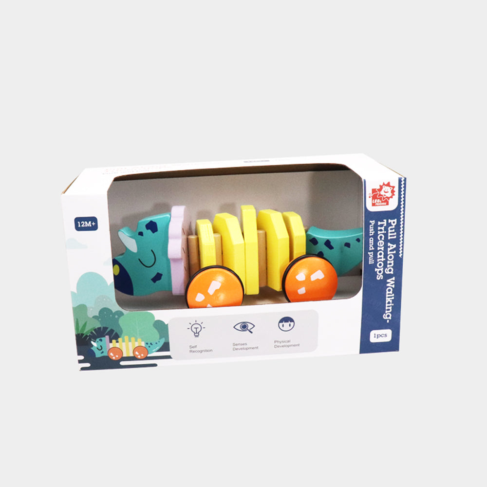 Leo & Friends Pull Along Walking Triceratops Wooden Toy for Boys and Girls | Flexible Dino Walk Along Toy, Pushes and Pulls | Rubbed Rimmed Wheels for Educational Fun, Perfect Birthday or Holiday Gift