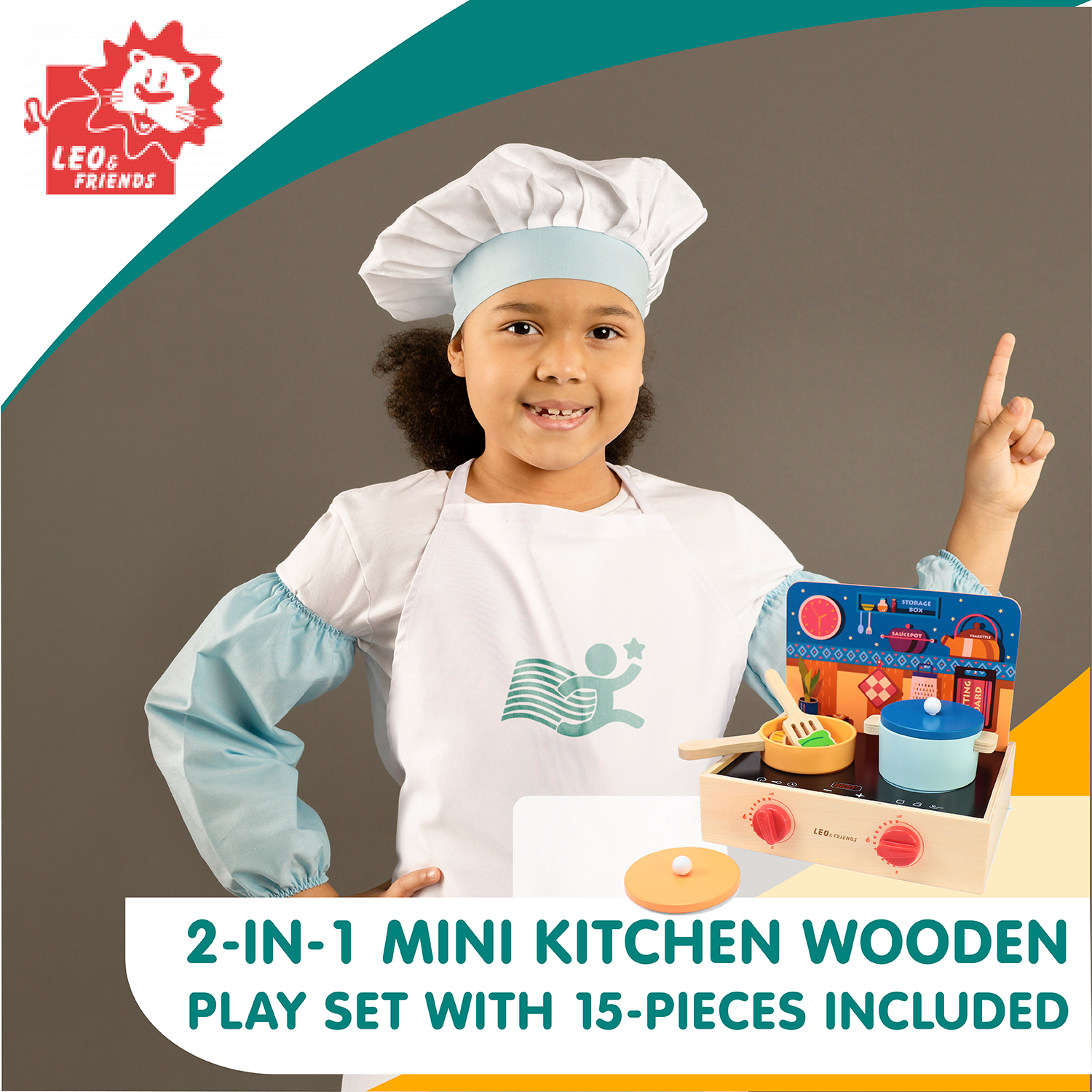 2-in-1 Mini Kitchen Wooden Play Set with 15-Pieces Included | Play-Pretend Cooking Stovetop, Pants, Spatulas, BBQ Accessories | Interactive, Educational Cooking Set for Ages 24-Months and Older