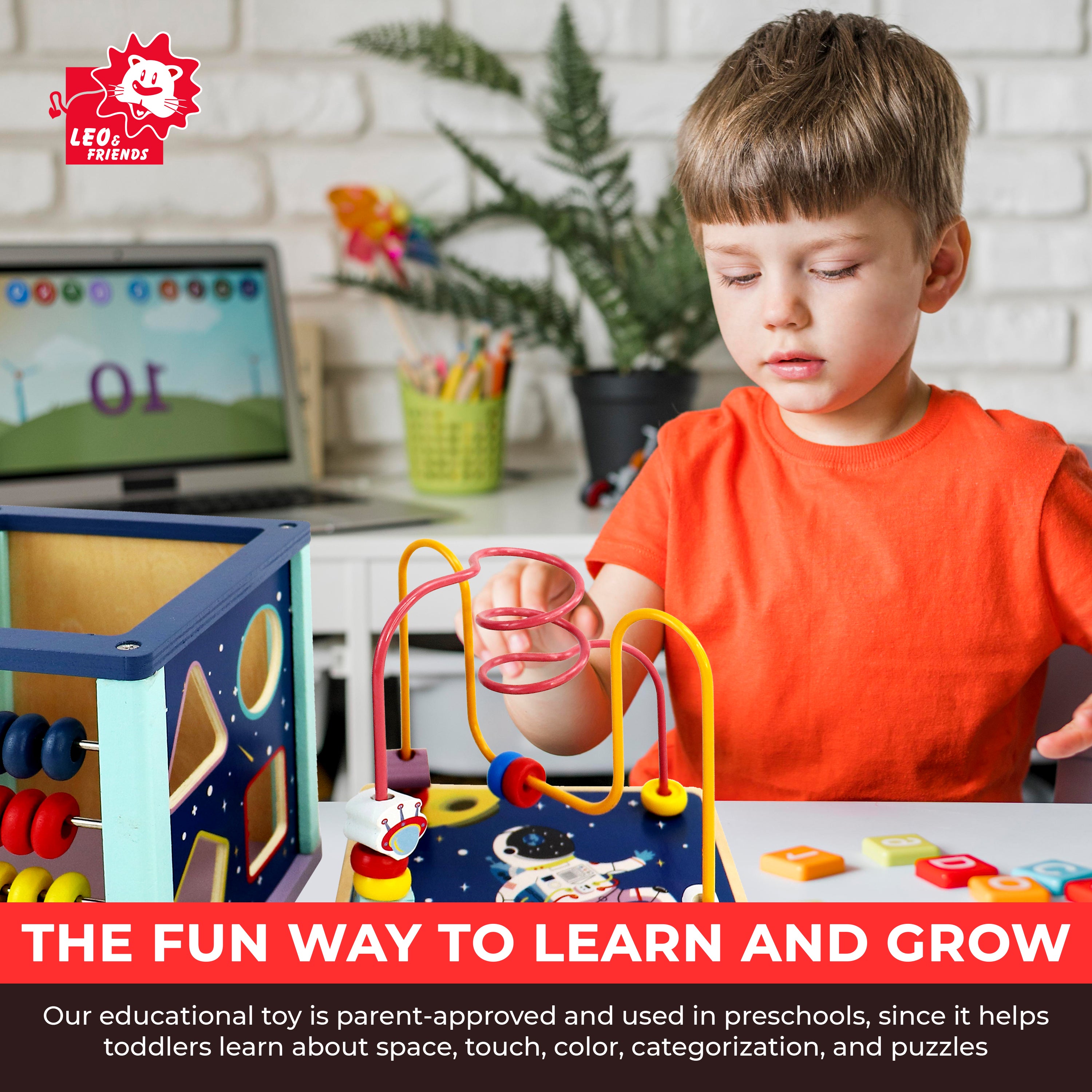 Leo & Friends Toddler Wooden Space Activity Cube, 6-Piece Educational Play Set, and Puzzle | Baby Toy with Bead Maze for Boys and Girls | Endless Activity Options, Perfect Birthday Present
