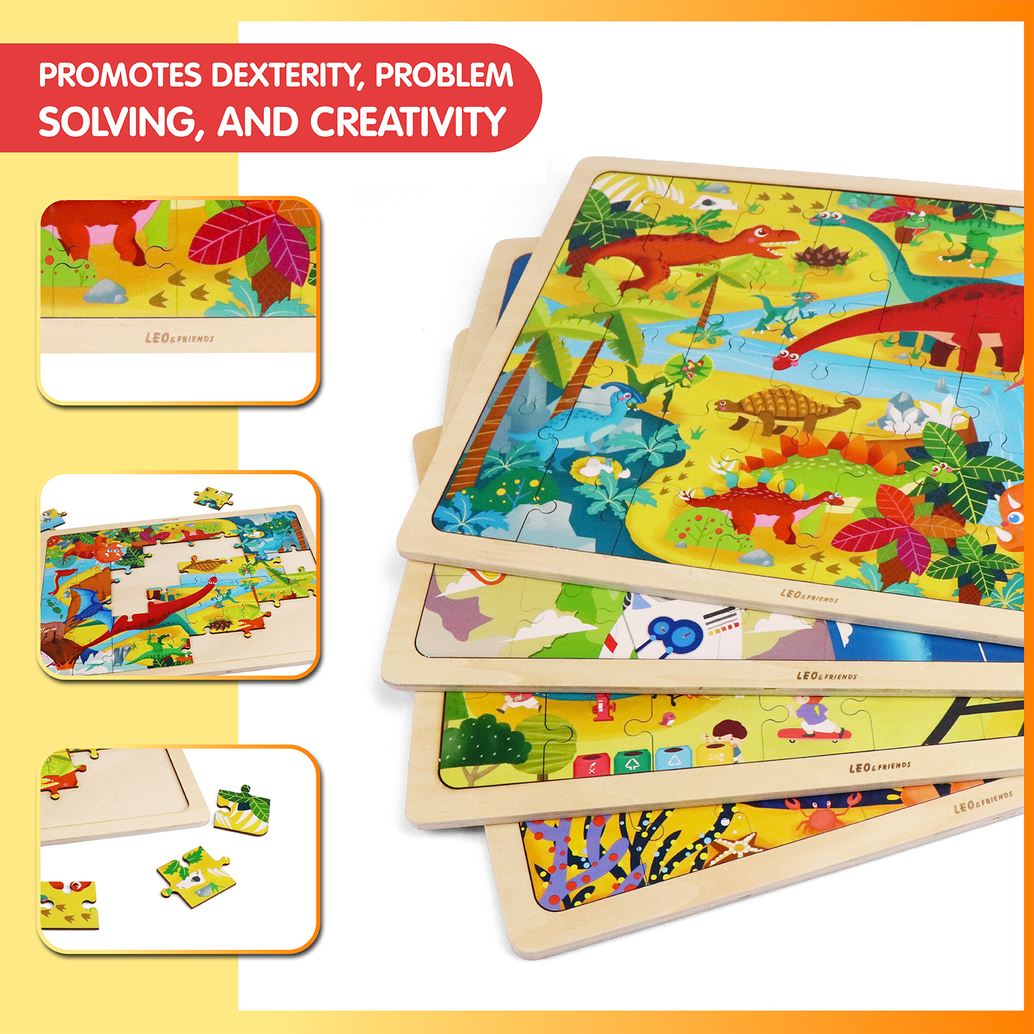 Leo & Friends Dinosaur World Kid’s Puzzle, 48-Pieces for 3-Years-Old+ | Promotes Dexterity, Problem-Solving, and Creativity | Durable Wooden Puzzle Kit, Educational Gift for Kids Ages 3-6