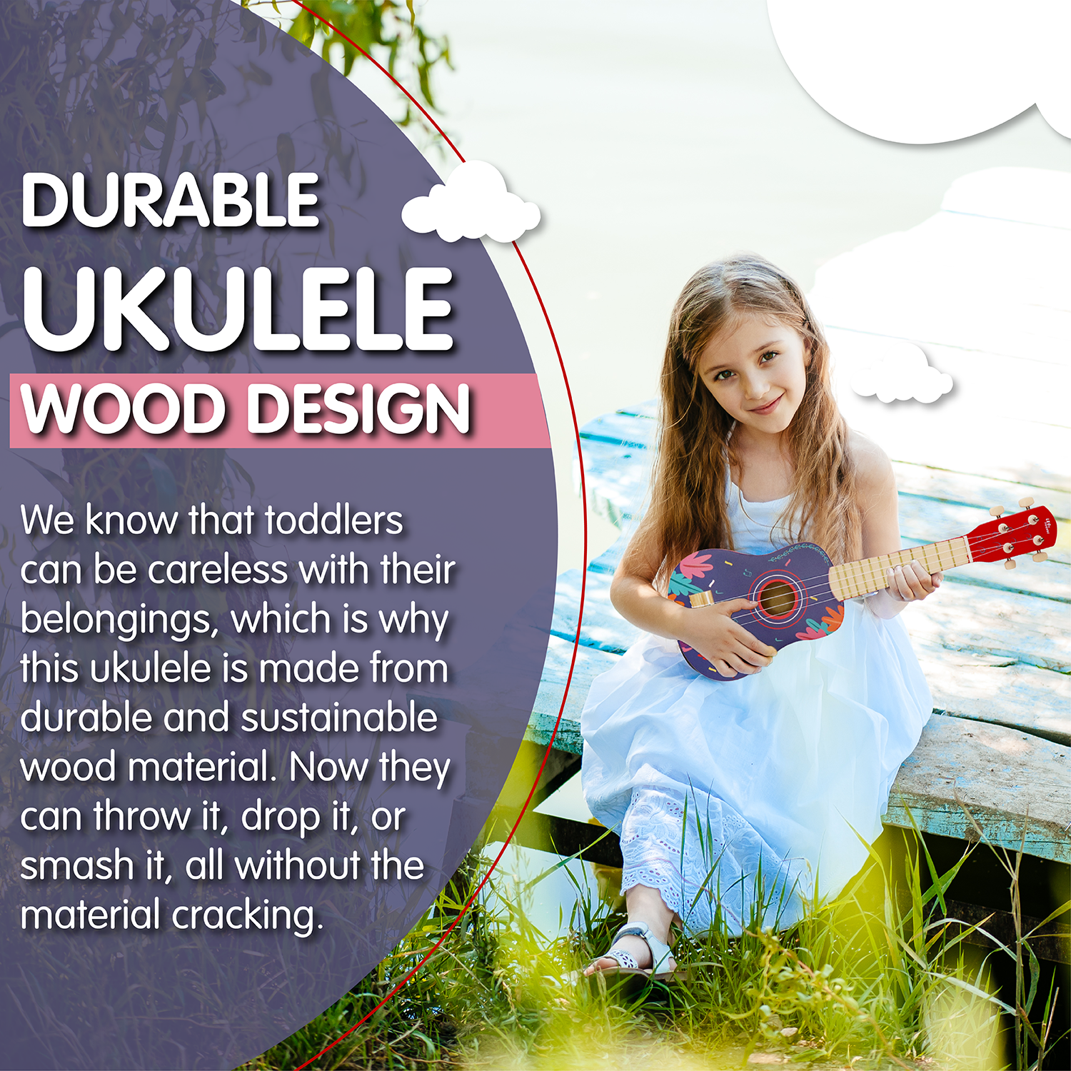 Leo & Friends Wooden Ukulele for Toddlers | Made with Non-Toxic Wood, Colorful Red & Purple Design with Parrots | Perfect Educational Music Toy for Girls and Boys, Includes Strings for Strumming