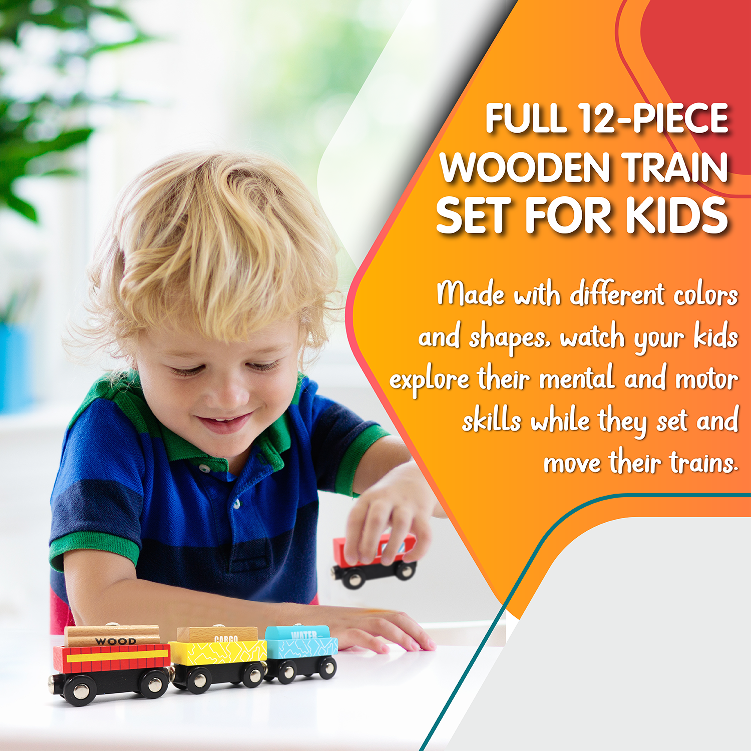 12-Piece Wooden Train Set for Kids, Ages 2, 3, 4, 5, and 6, Perfect for Preschoolers or Kid’s Birthday/Christmas Present | Includes Train Cars, Wagons, Freight Trucks, Magnet Connectors, Made with Non-Toxic Wood