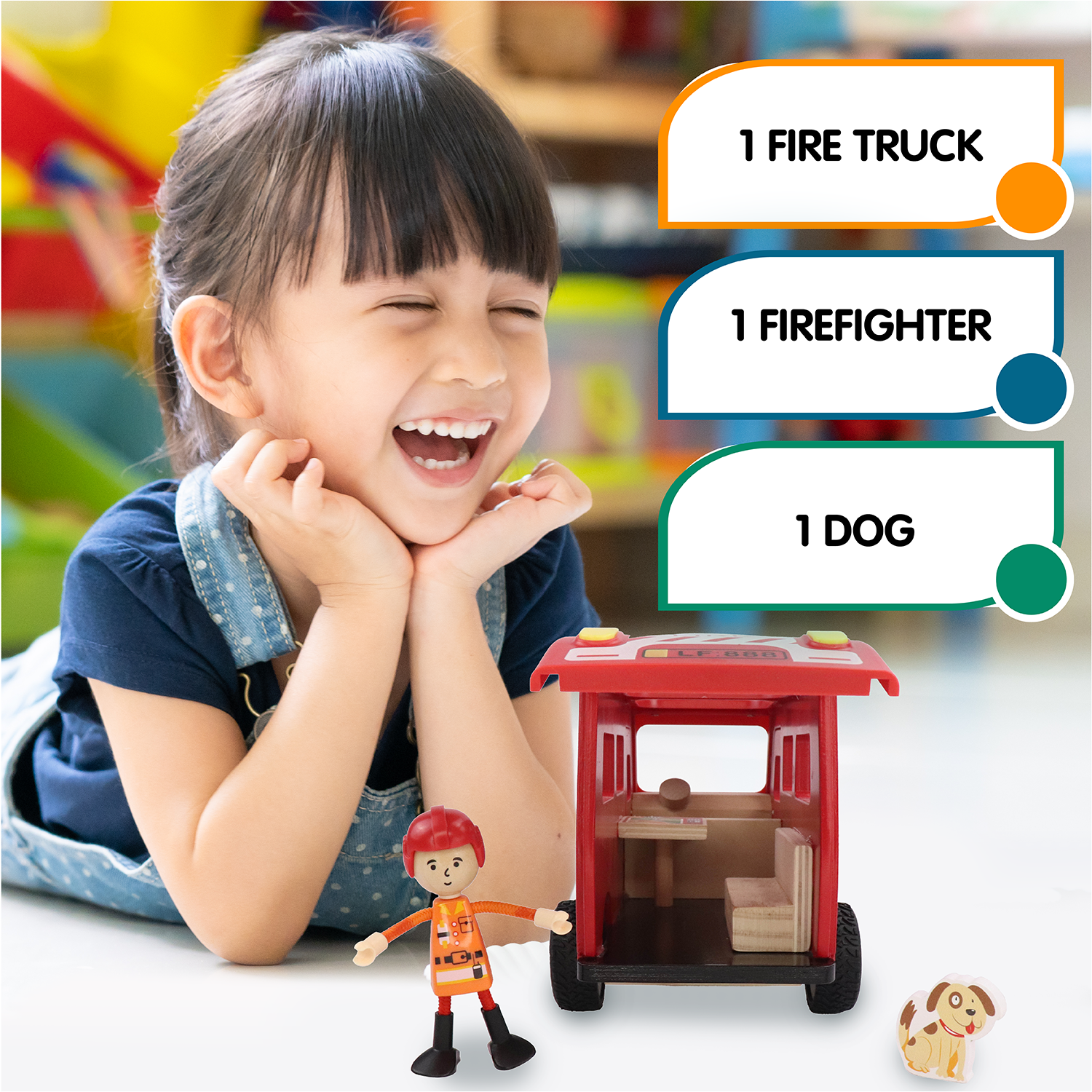 L&F Fire Truck Play Set, 3-Piece Wooden Play Kit with Fire Truck