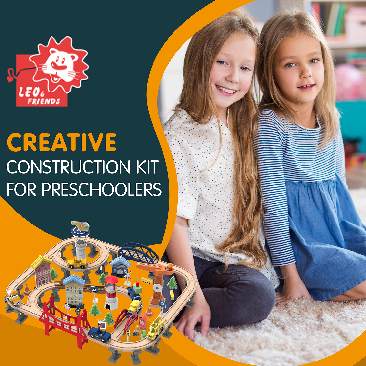 Leo and Friends Railway City Set - Creative Construction Kit for Preschoolers - Wooden Building Blocks for Kids, Educational Train Toys for Active Learning - Gifts for Children Ages 3+ - 100 Pieces