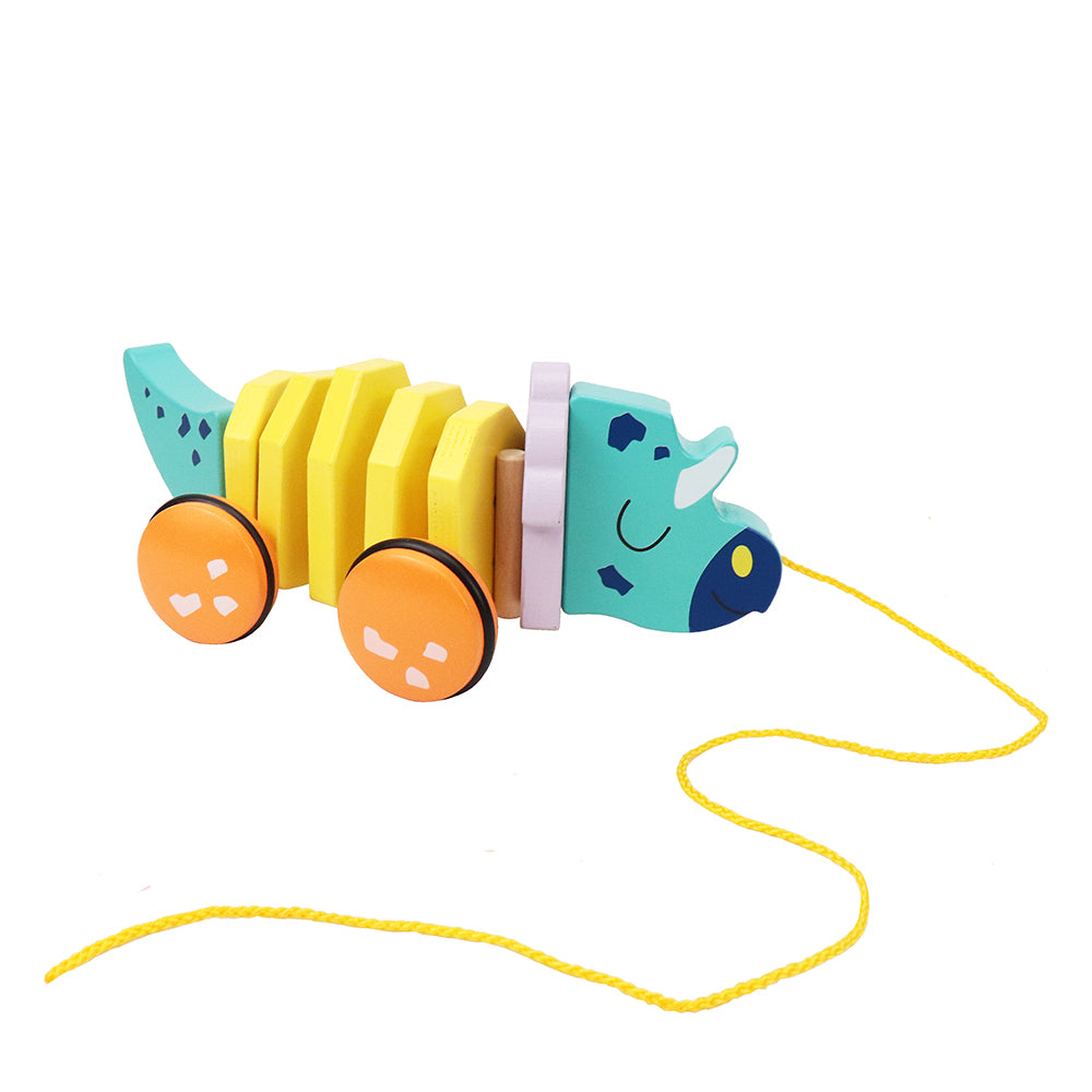 Leo & Friends Pull Along Walking Triceratops Wooden Toy for Boys and Girls | Flexible Dino Walk Along Toy, Pushes and Pulls | Rubbed Rimmed Wheels for Educational Fun, Perfect Birthday or Holiday Gift