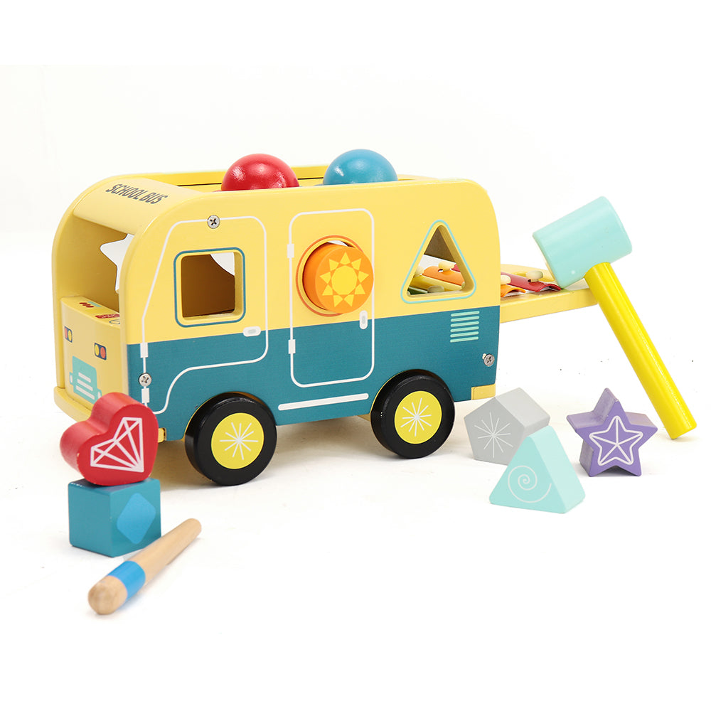 Leo & Friends School Bus Pound and Tap Bus Bench, Wooden Toy Bus with Slide Out Xylophone | Durable Musical Pounding Toy | 8 Colorful Blocks, 1 Hammer, and 1 Rainbow Xylophone Included | Perfect Educational Gift for Toddlers