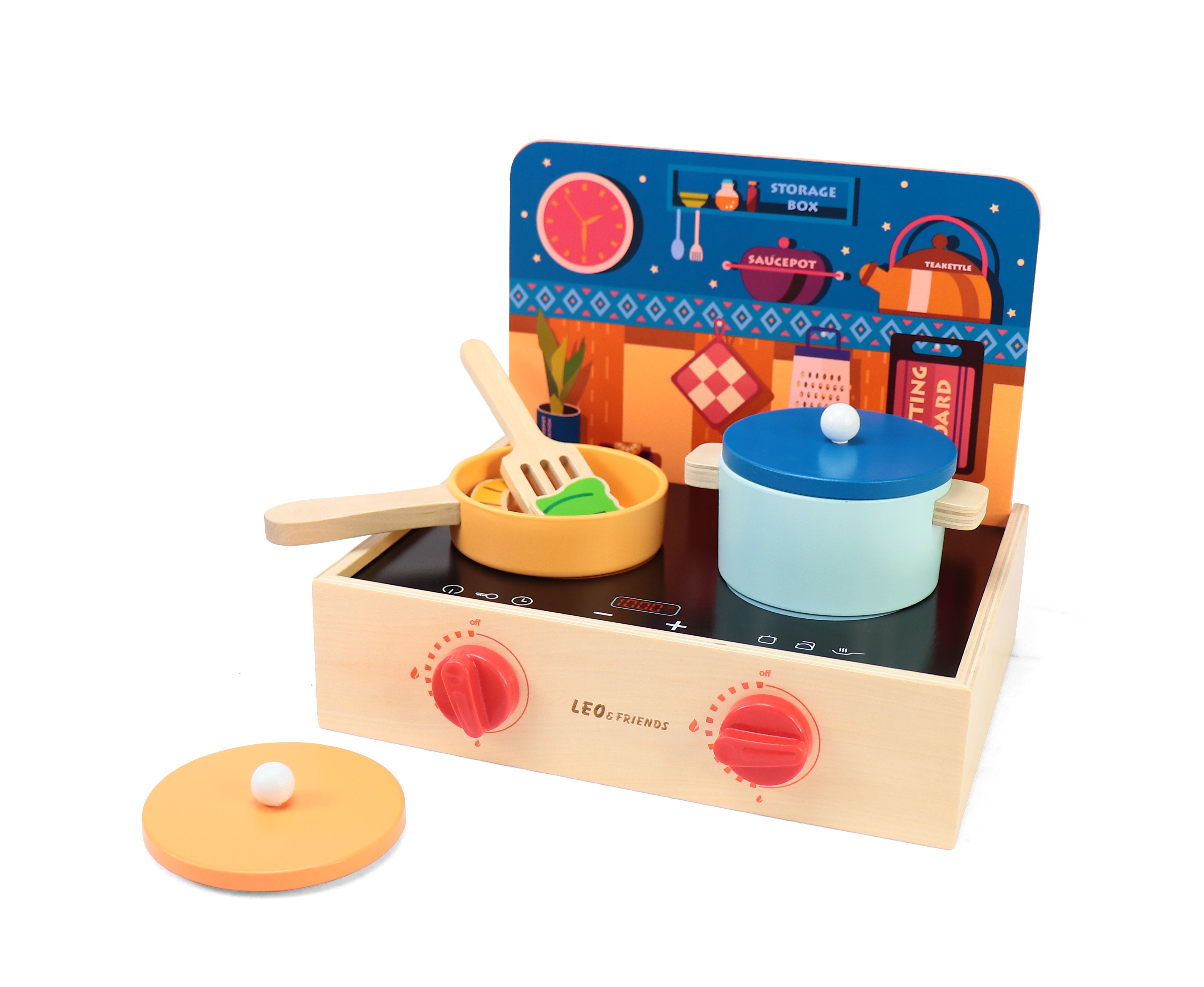 2-in-1 Mini Kitchen Wooden Play Set with 15-Pieces Included | Play-Pretend Cooking Stovetop, Pants, Spatulas, BBQ Accessories | Interactive, Educational Cooking Set for Ages 24-Months and Older