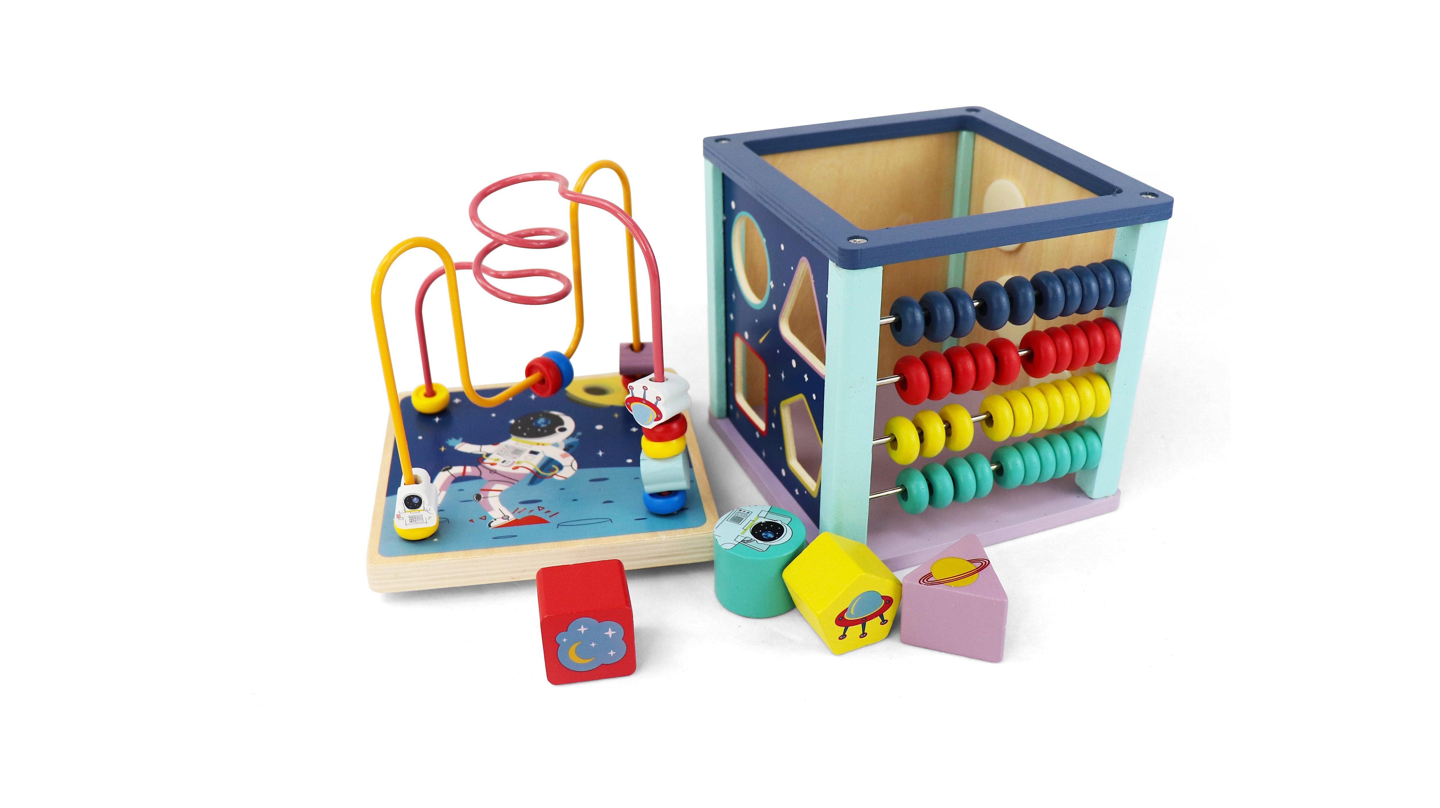 Leo & Friends Toddler Wooden Space Activity Cube, 6-Piece Educational Play Set, and Puzzle | Baby Toy with Bead Maze for Boys and Girls | Endless Activity Options, Perfect Birthday Present