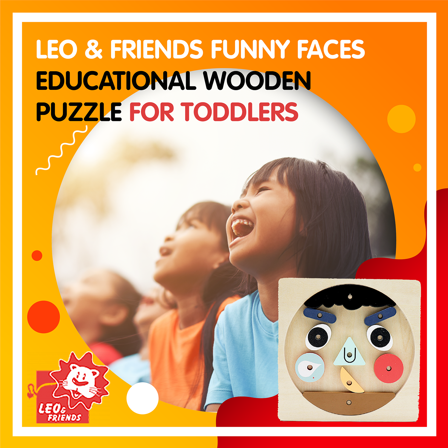 Leo & Friends Funny Faces Educational Wooden Puzzle for Toddlers | 10-Piece Safe Puzzle with Wooden Board, Makes Funny Faces, Creative Play for Kids for Holidays or Birthdays