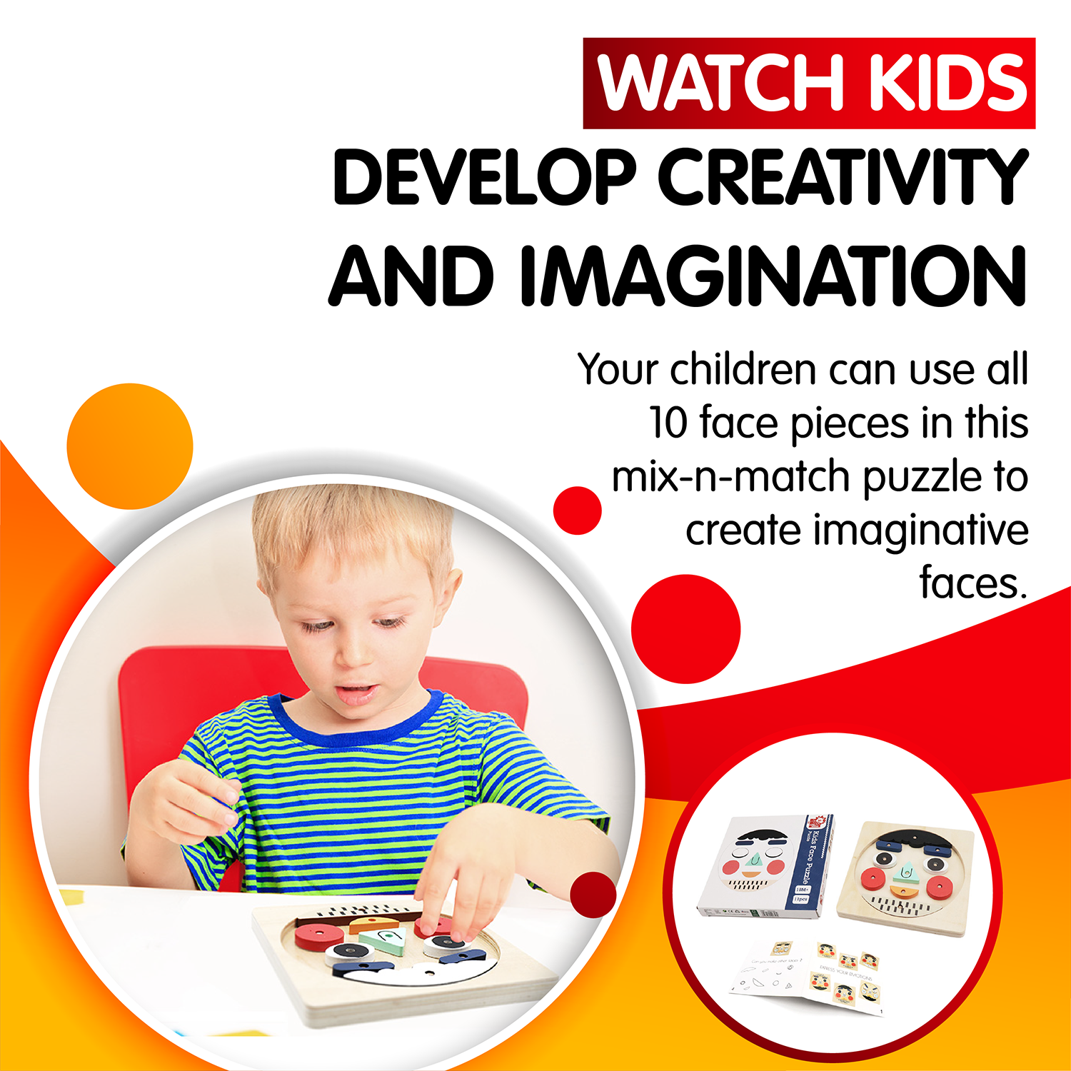 Leo & Friends Funny Faces Educational Wooden Puzzle for Toddlers | 10-Piece Safe Puzzle with Wooden Board, Makes Funny Faces, Creative Play for Kids for Holidays or Birthdays