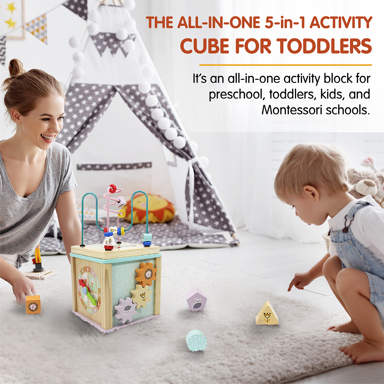 LEO & FRIENDS Wooden Activity Toy for 1, 2 Year-Old-Girls, Educational Preschool Shape Sorter and Maze Toy | Montessori Bead Maze and Versatile Kid’s Sensory Immersion Cube | Perfect Christmas or Birthday Gift