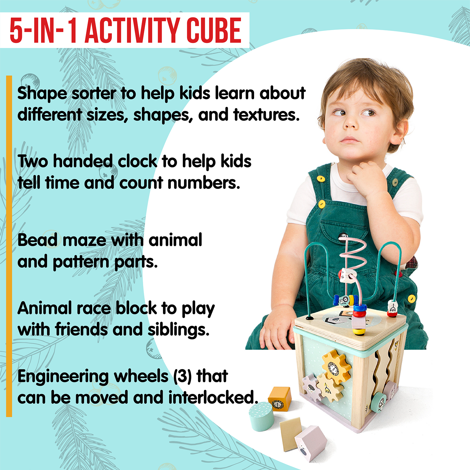 LEO & FRIENDS Wooden Activity Toy for 1, 2 Year-Old-Girls, Educational Preschool Shape Sorter and Maze Toy | Montessori Bead Maze and Versatile Kid’s Sensory Immersion Cube | Perfect Christmas or Birthday Gift