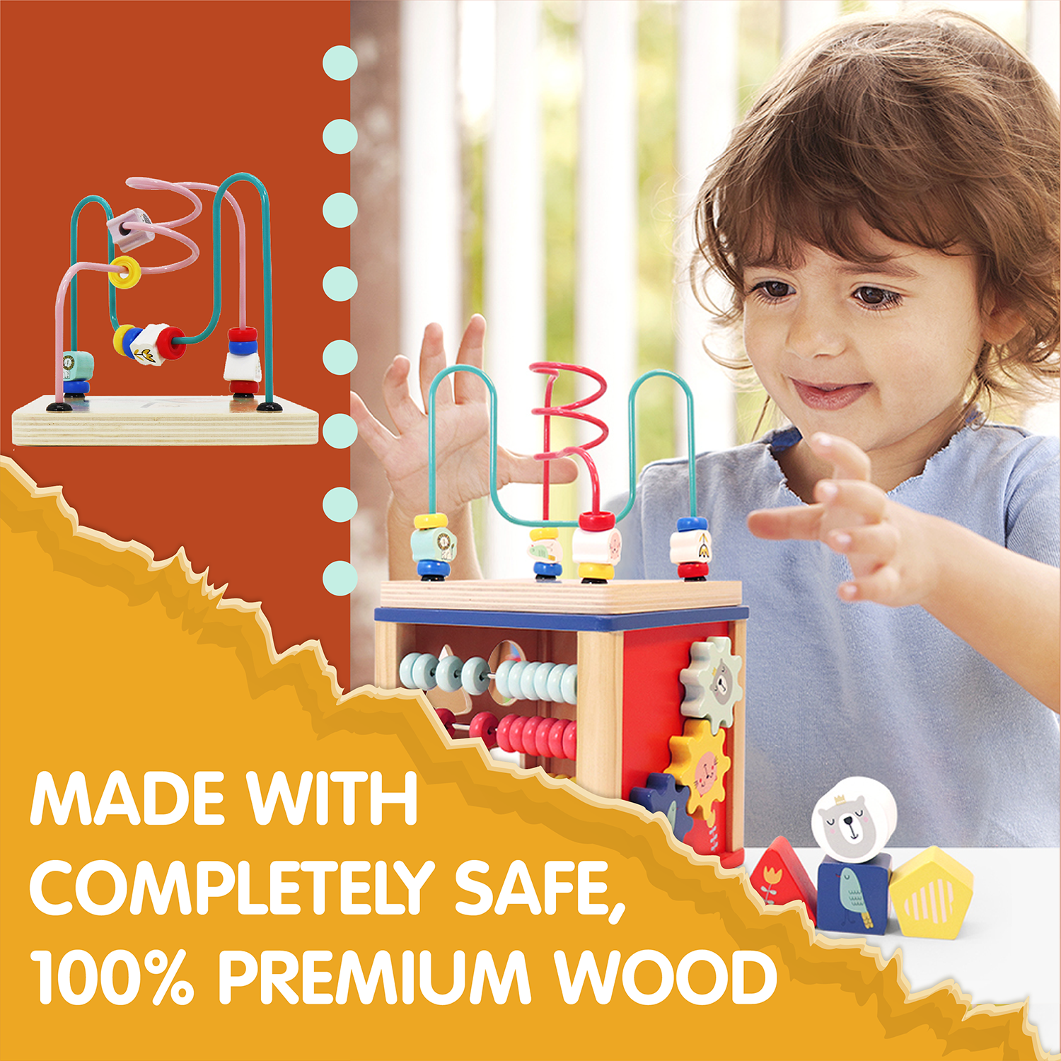 LEO & FRIENDS Wooden Activity Toy for 1, 2 Year-Old-Girls, Educational Preschool Shape Sorter and Maze Toy | Montessori Bead Maze and Versatile Kid’s Sensory Immersion Cube | Perfect Christmas or Birthday Gift