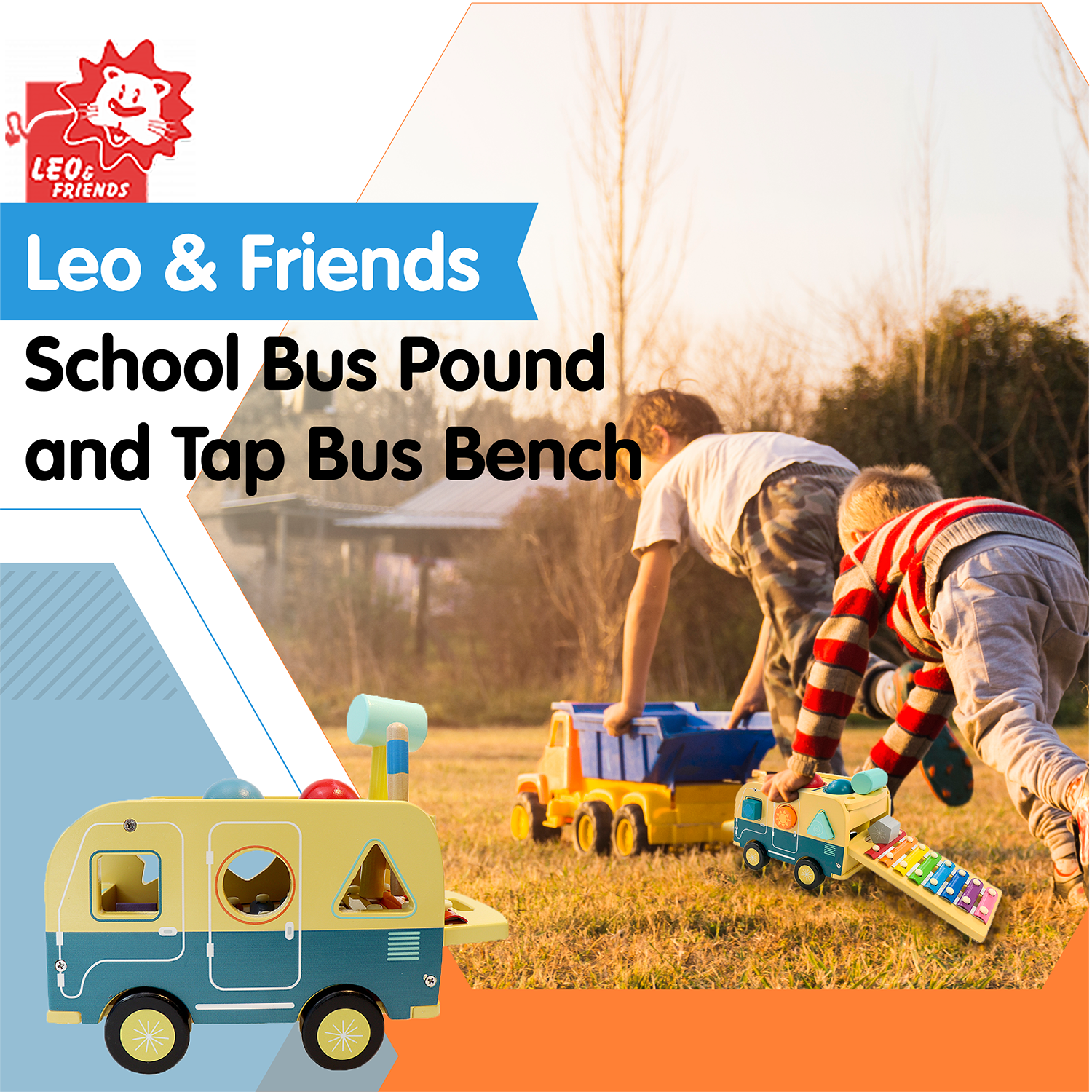 Leo & Friends School Bus Pound and Tap Bus Bench, Wooden Toy Bus with Slide Out Xylophone | Durable Musical Pounding Toy | 8 Colorful Blocks, 1 Hammer, and 1 Rainbow Xylophone Included | Perfect Educational Gift for Toddlers
