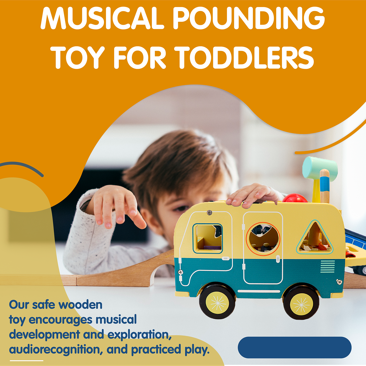 Leo & Friends School Bus Pound and Tap Bus Bench, Wooden Toy Bus with Slide Out Xylophone | Durable Musical Pounding Toy | 8 Colorful Blocks, 1 Hammer, and 1 Rainbow Xylophone Included | Perfect Educational Gift for Toddlers