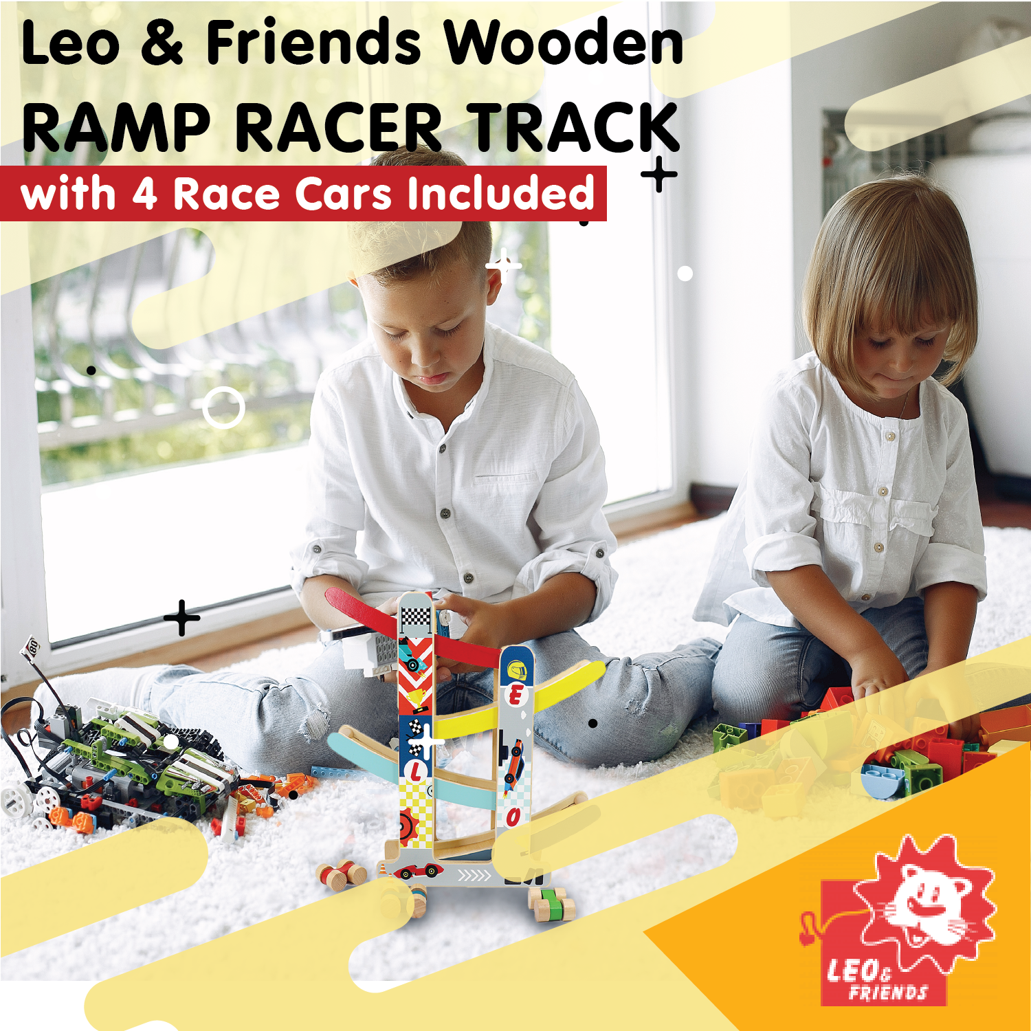 Leo & Friends Wooden Ramp Racer Track with 4 Race Cars Included | Bright Colored At-Home Racer Track for Toddlers, Kids Ages 1 Through 5 | Perfect Educational Kid’s Gift for Birthdays, Holidays & More