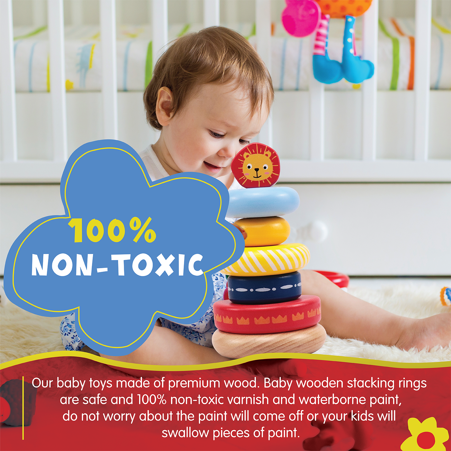 Leo Stacking Toddler Ring Tower, Made for Kids 12 Months+, 7-Piece Blue Wooden Stacker Puzzle, Perfect Birthday or Holiday Present | Promotes Hand-Eye Coordination and Imaginative Play