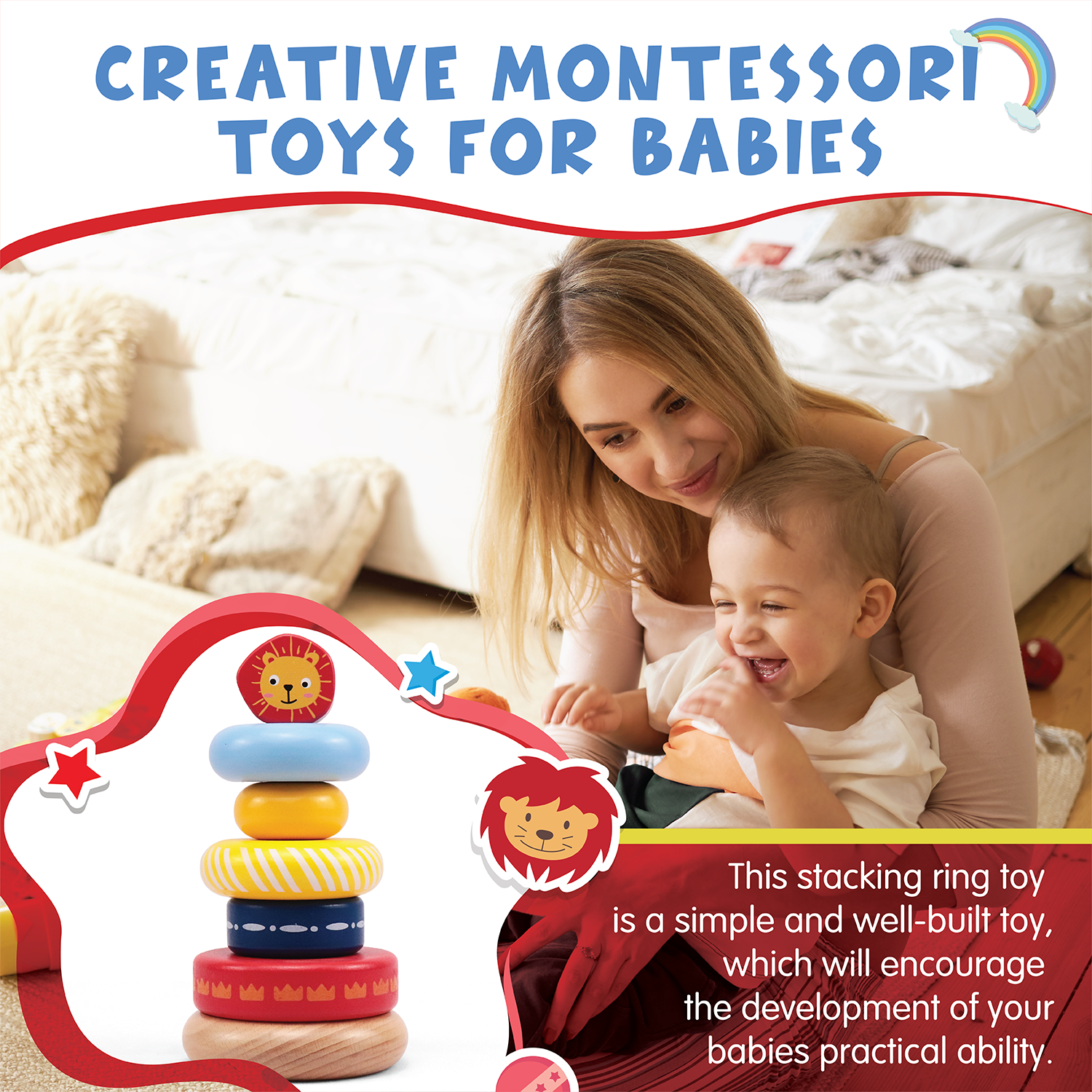 Leo Stacking Toddler Ring Tower, Made for Kids 12 Months+, 7-Piece Blue Wooden Stacker Puzzle, Perfect Birthday or Holiday Present | Promotes Hand-Eye Coordination and Imaginative Play