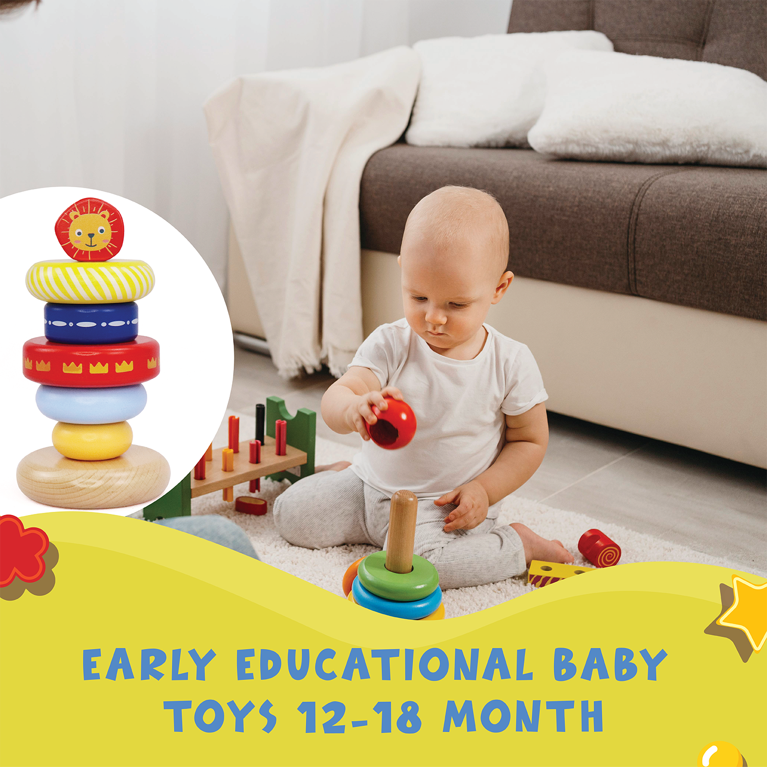 Leo Stacking Toddler Ring Tower, Made for Kids 12 Months+, 7-Piece Blue Wooden Stacker Puzzle, Perfect Birthday or Holiday Present | Promotes Hand-Eye Coordination and Imaginative Play