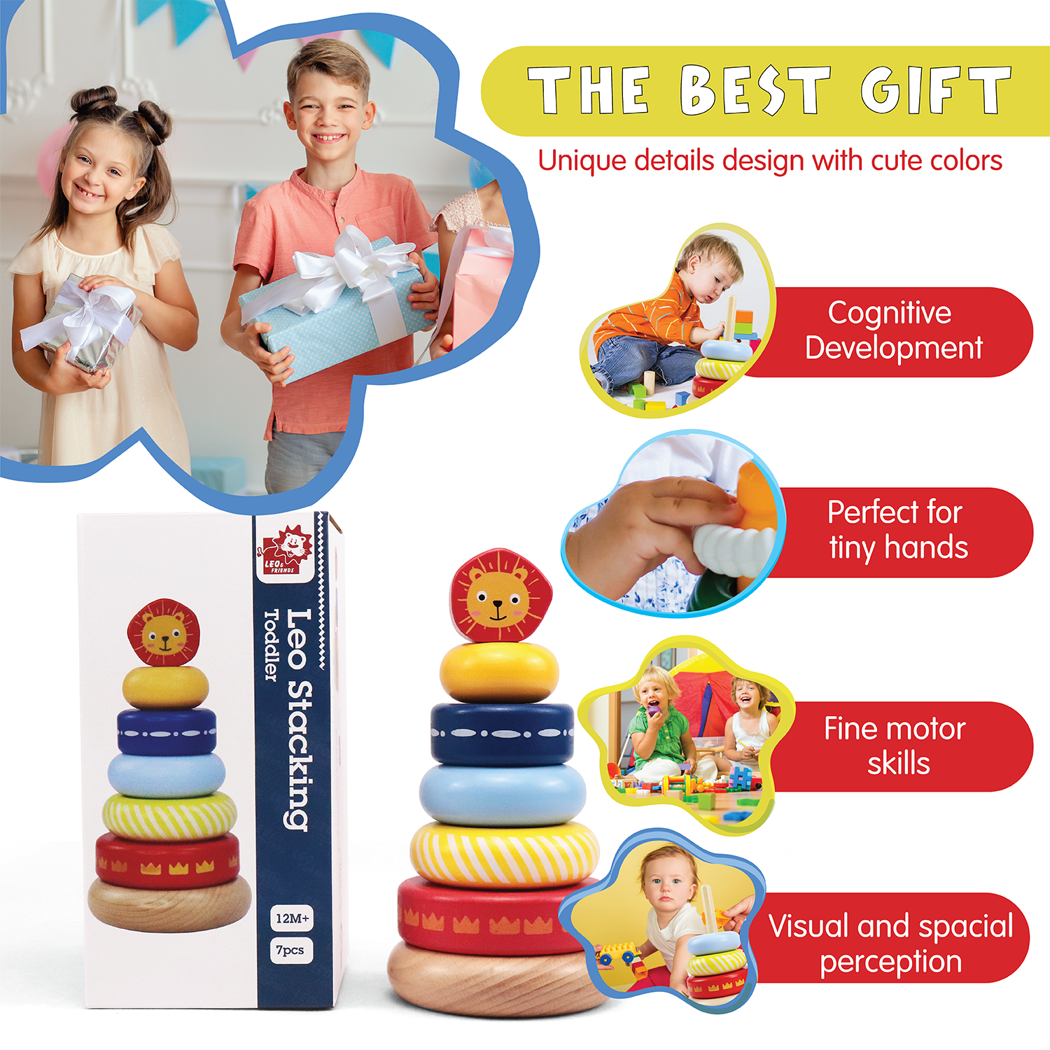 Leo Stacking Toddler Ring Tower, Made for Kids 12 Months+, 7-Piece Blue Wooden Stacker Puzzle, Perfect Birthday or Holiday Present | Promotes Hand-Eye Coordination and Imaginative Play