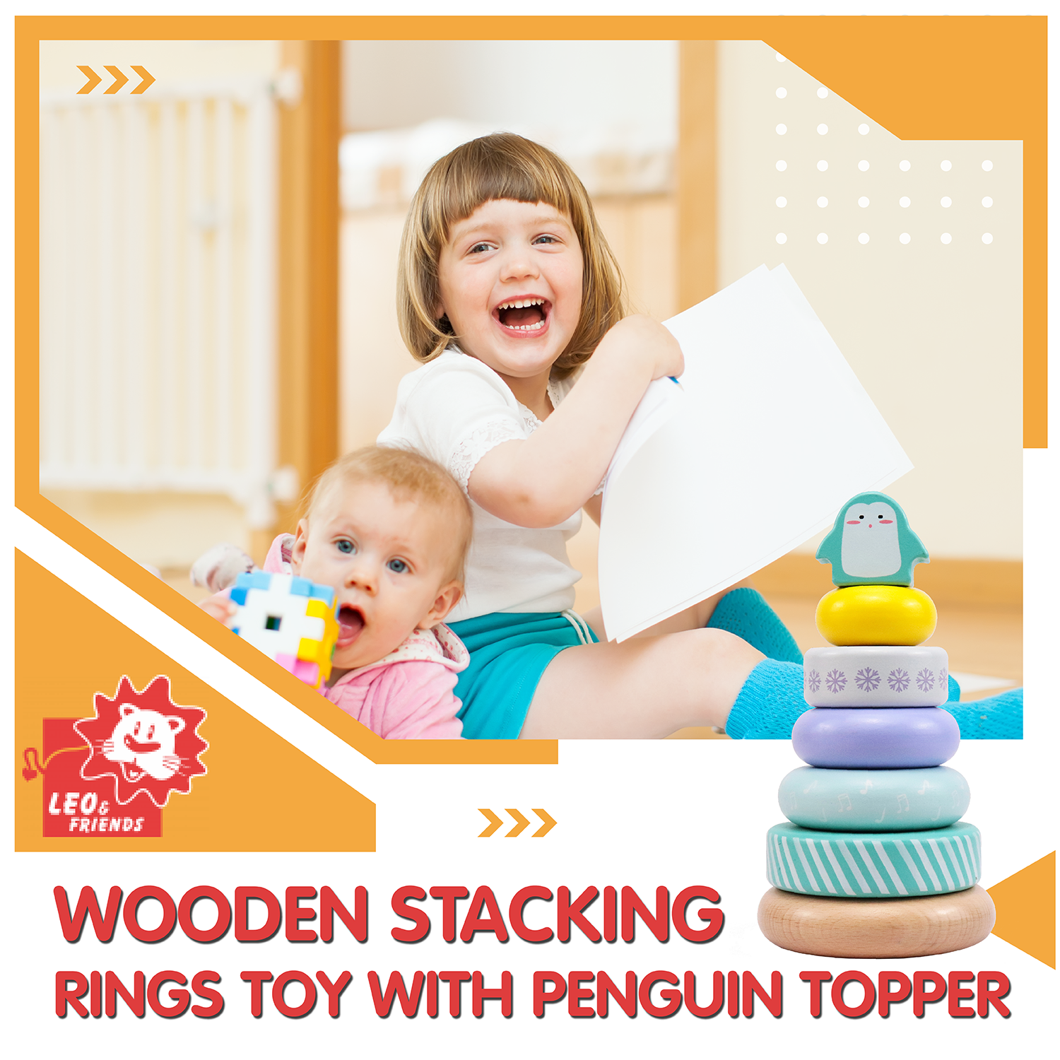 Penguin Stacking Toddler Ring Tower, Made for Kids 12 Months+, 7-Piece Blue Wooden Stacker Puzzle, Perfect Birthday or Holiday Present | Promotes Hand-Eye Coordination and Imaginative Play