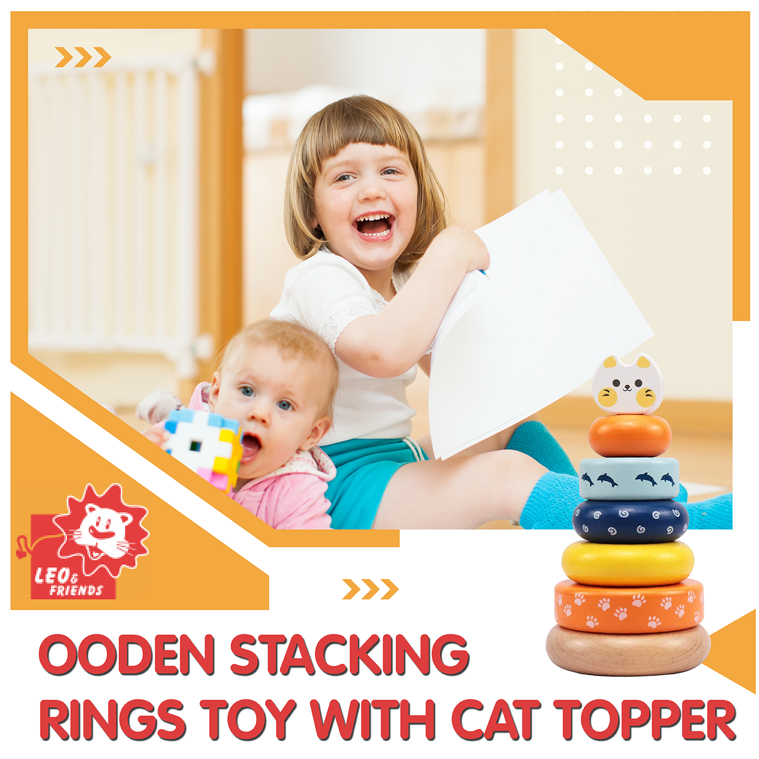 Cat Stacking Toddler Ring Tower, Made for Kids 12 Months+, 7-Piece Blue-and-Yellow Wooden Stacker Puzzle, Perfect Birthday or Holiday Present | Promotes Hand-Eye Coordination and Imaginative Play
