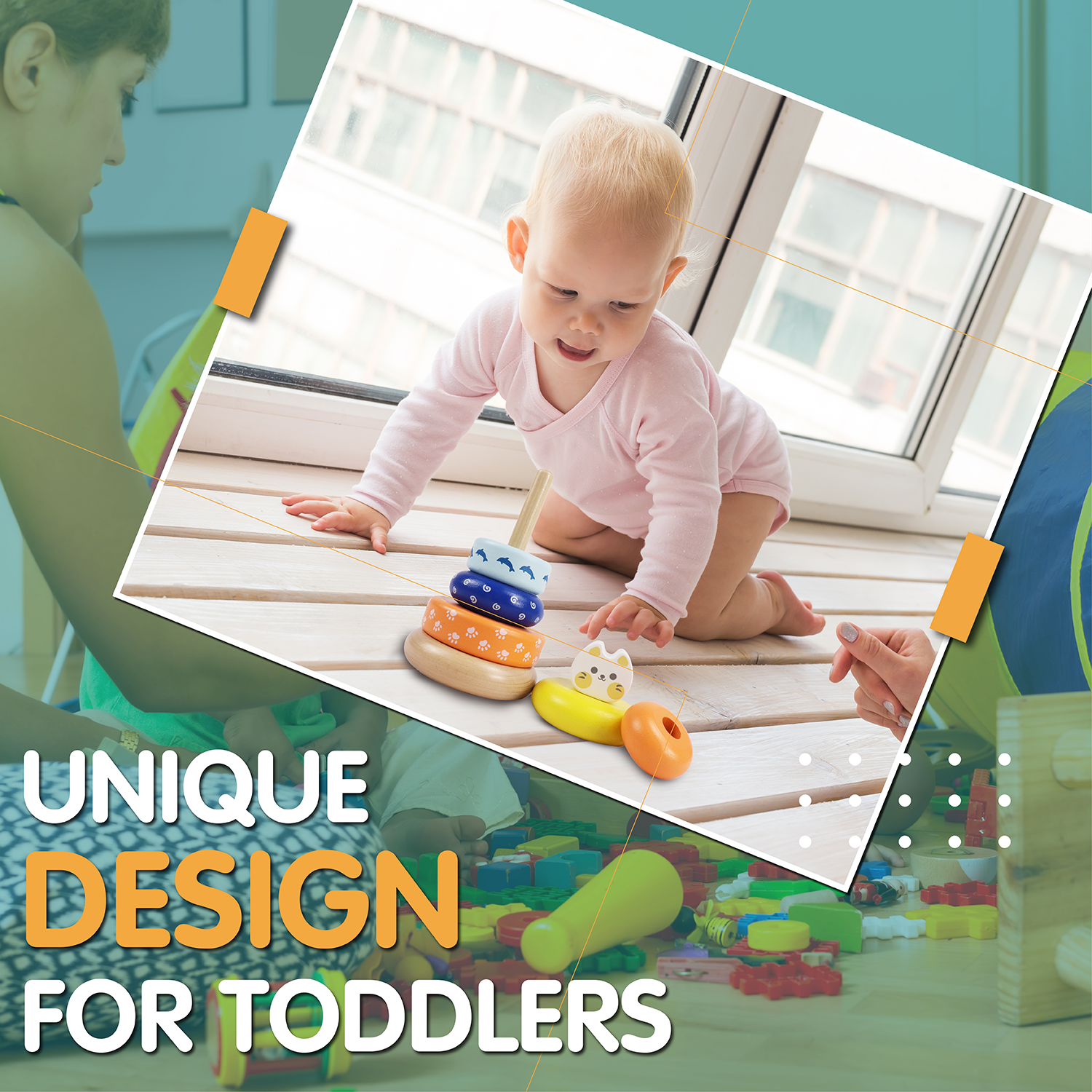 Cat Stacking Toddler Ring Tower, Made for Kids 12 Months+, 7-Piece Blue-and-Yellow Wooden Stacker Puzzle, Perfect Birthday or Holiday Present | Promotes Hand-Eye Coordination and Imaginative Play