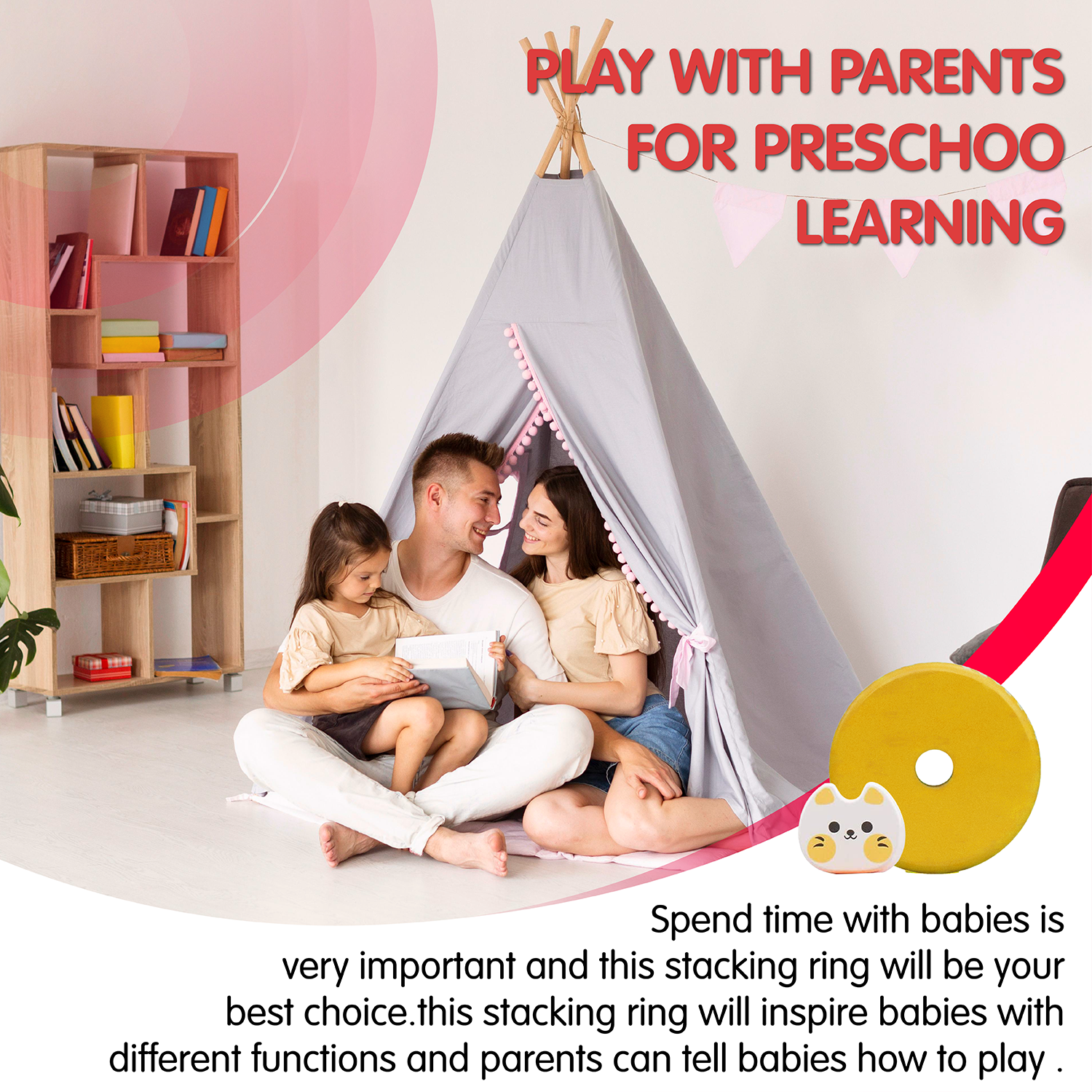 Cat Stacking Toddler Ring Tower, Made for Kids 12 Months+, 7-Piece Blue-and-Yellow Wooden Stacker Puzzle, Perfect Birthday or Holiday Present | Promotes Hand-Eye Coordination and Imaginative Play