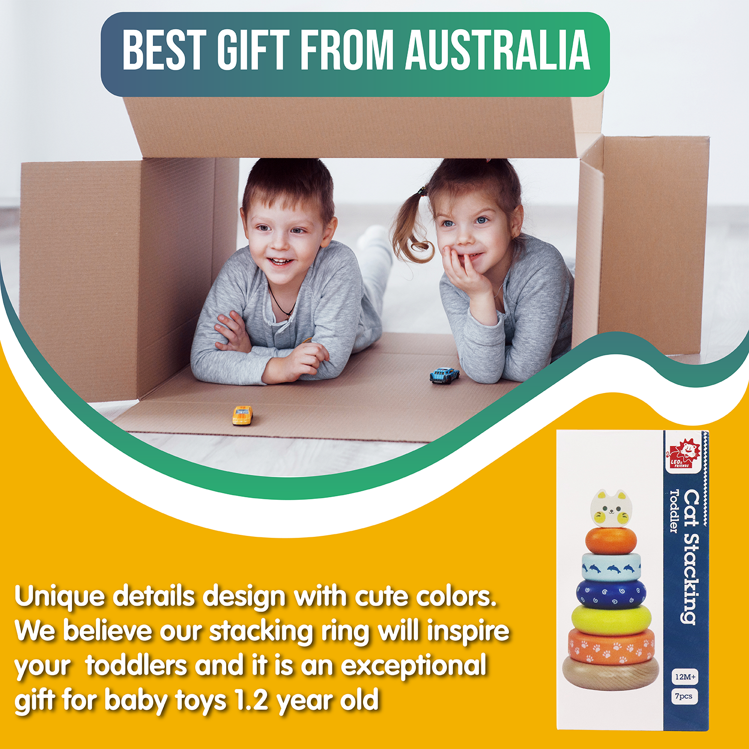 Cat Stacking Toddler Ring Tower, Made for Kids 12 Months+, 7-Piece Blue-and-Yellow Wooden Stacker Puzzle, Perfect Birthday or Holiday Present | Promotes Hand-Eye Coordination and Imaginative Play