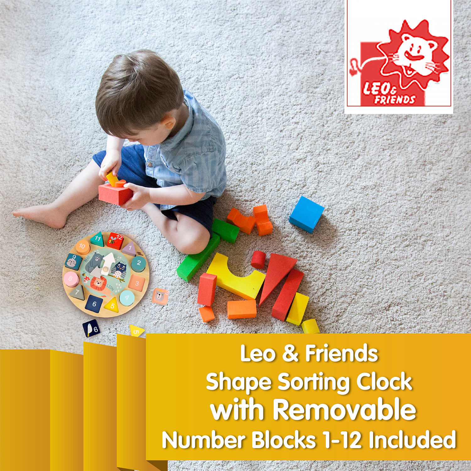 Leo & Friends Shape Sorting Clock with Removable Number Blocks 1-12 Included | Learn How to Tell Time, Premium Wooden Educational Toy | Fun Puzzle Stacking and Sorting for Children Ages 3+