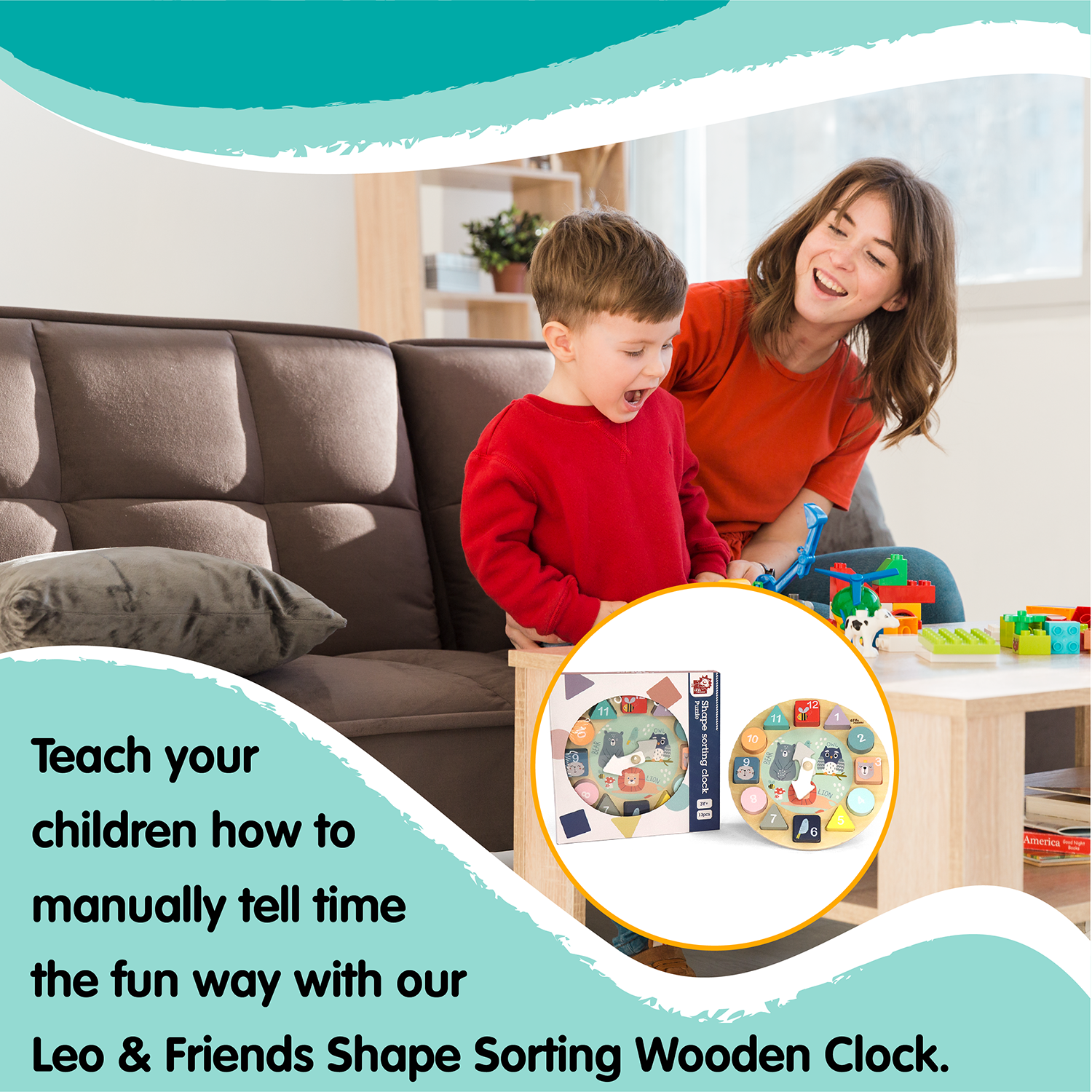 Leo & Friends Shape Sorting Clock with Removable Number Blocks 1-12 Included | Learn How to Tell Time, Premium Wooden Educational Toy | Fun Puzzle Stacking and Sorting for Children Ages 3+