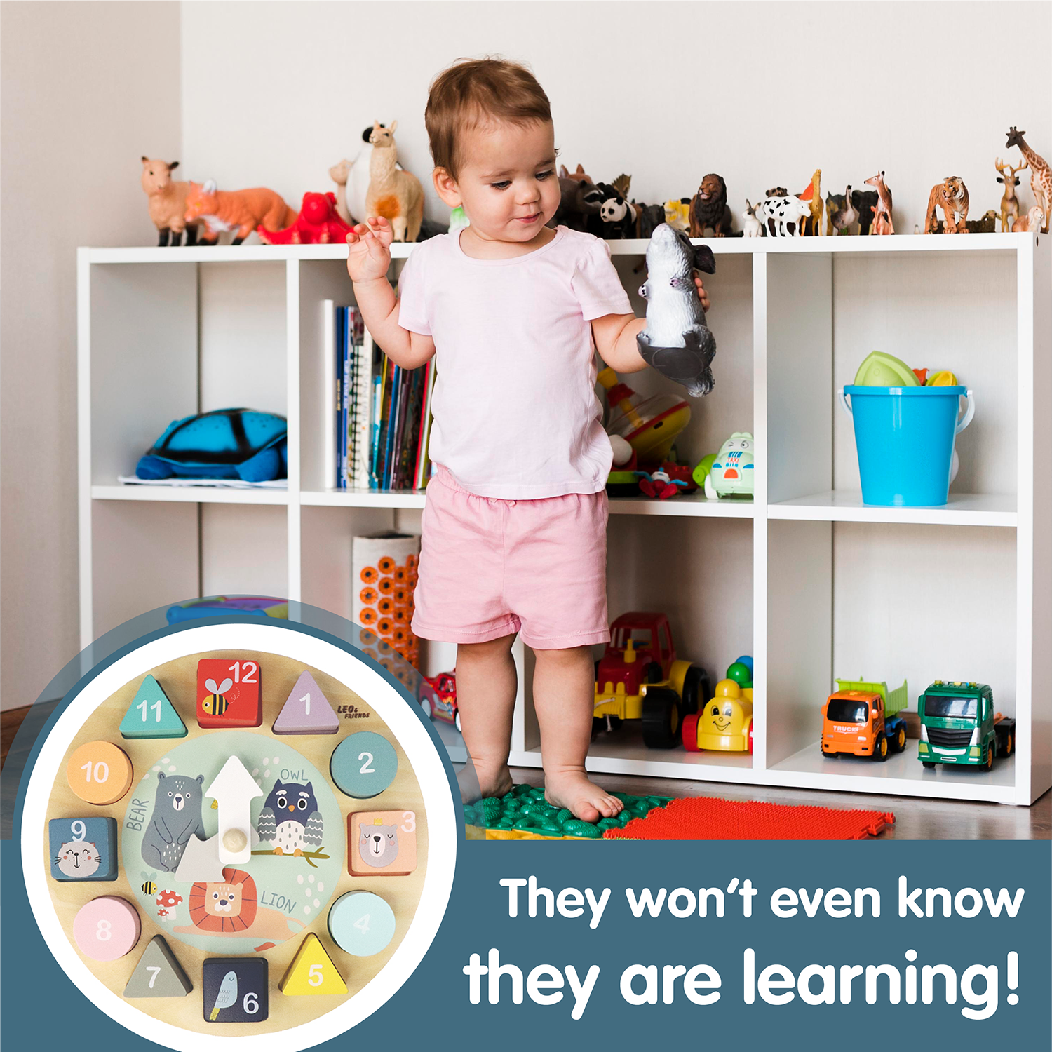 Leo & Friends Shape Sorting Clock with Removable Number Blocks 1-12 Included | Learn How to Tell Time, Premium Wooden Educational Toy | Fun Puzzle Stacking and Sorting for Children Ages 3+