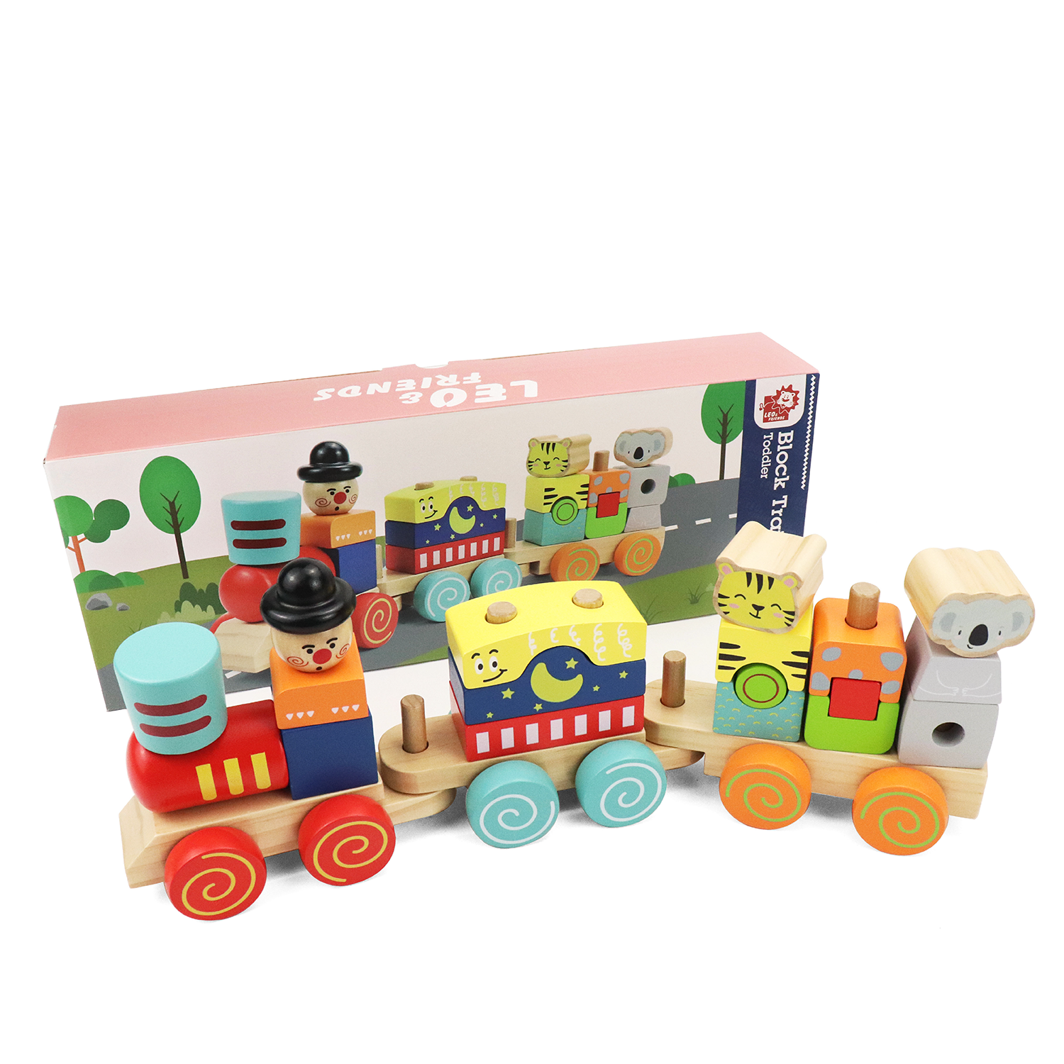 Block Train Stacking Set, 17 Piece-Wooden Stacking Toy with Pull Along Wooden Train | Develops Motor Skills, Memory Recall, Counting, Organization for Kids 18-Months+ | Preschool Toy, Perfect Gift