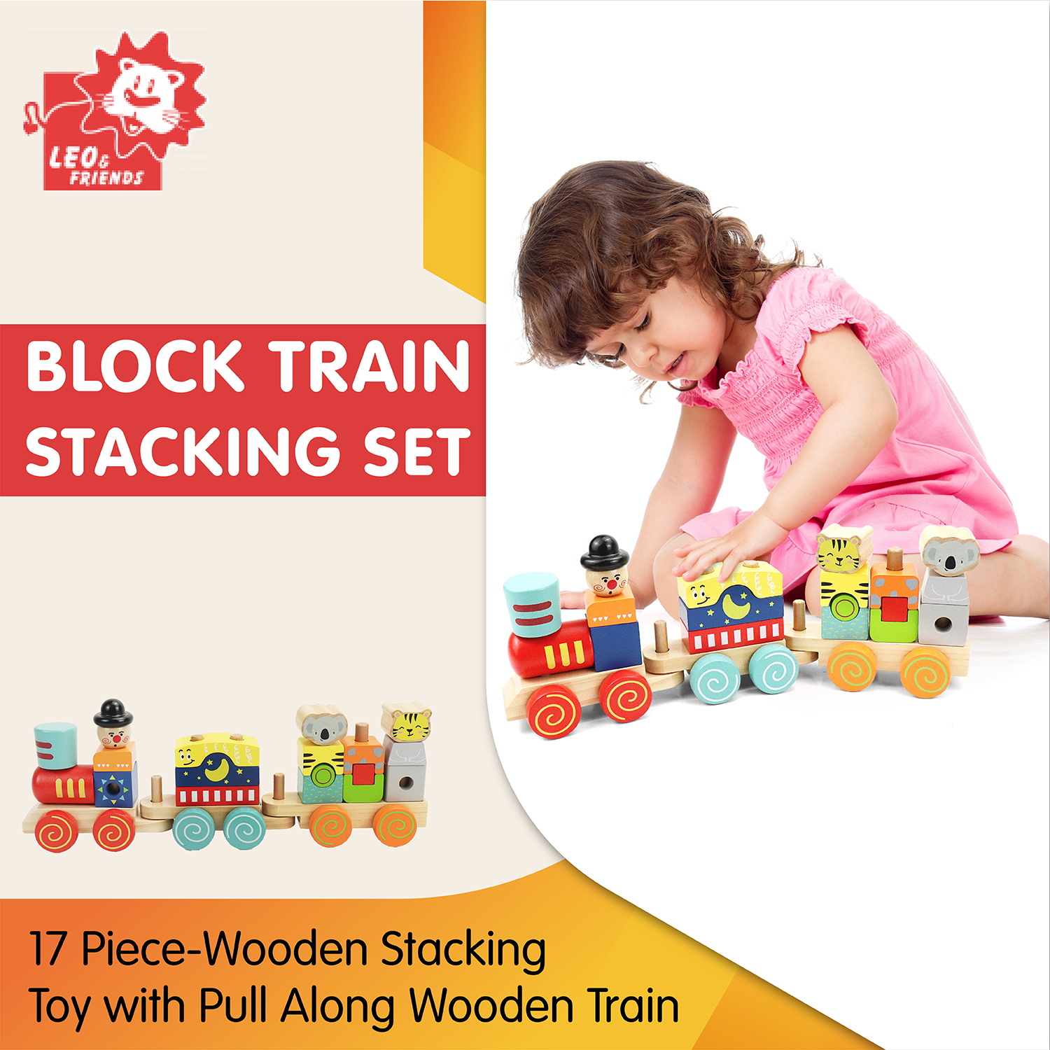 Block Train Stacking Set, 17 Piece-Wooden Stacking Toy with Pull Along Wooden Train | Develops Motor Skills, Memory Recall, Counting, Organization for Kids 18-Months+ | Preschool Toy, Perfect Gift