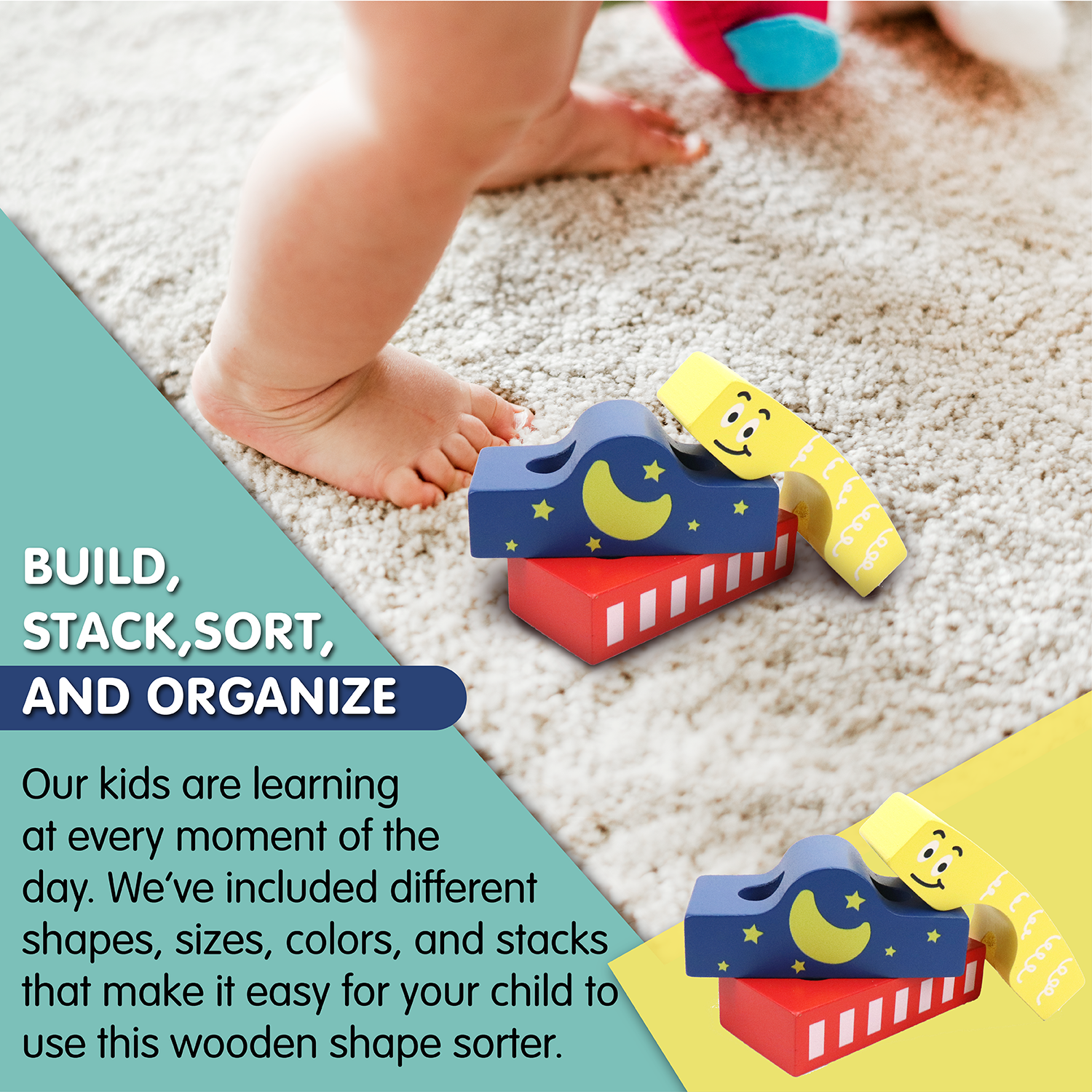 Block Train Stacking Set, 17 Piece-Wooden Stacking Toy with Pull Along Wooden Train | Develops Motor Skills, Memory Recall, Counting, Organization for Kids 18-Months+ | Preschool Toy, Perfect Gift