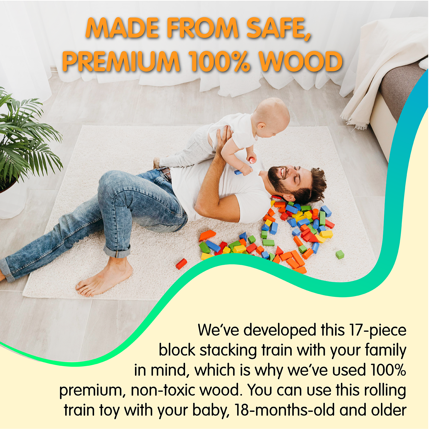 Block Train Stacking Set, 17 Piece-Wooden Stacking Toy with Pull Along Wooden Train | Develops Motor Skills, Memory Recall, Counting, Organization for Kids 18-Months+ | Preschool Toy, Perfect Gift