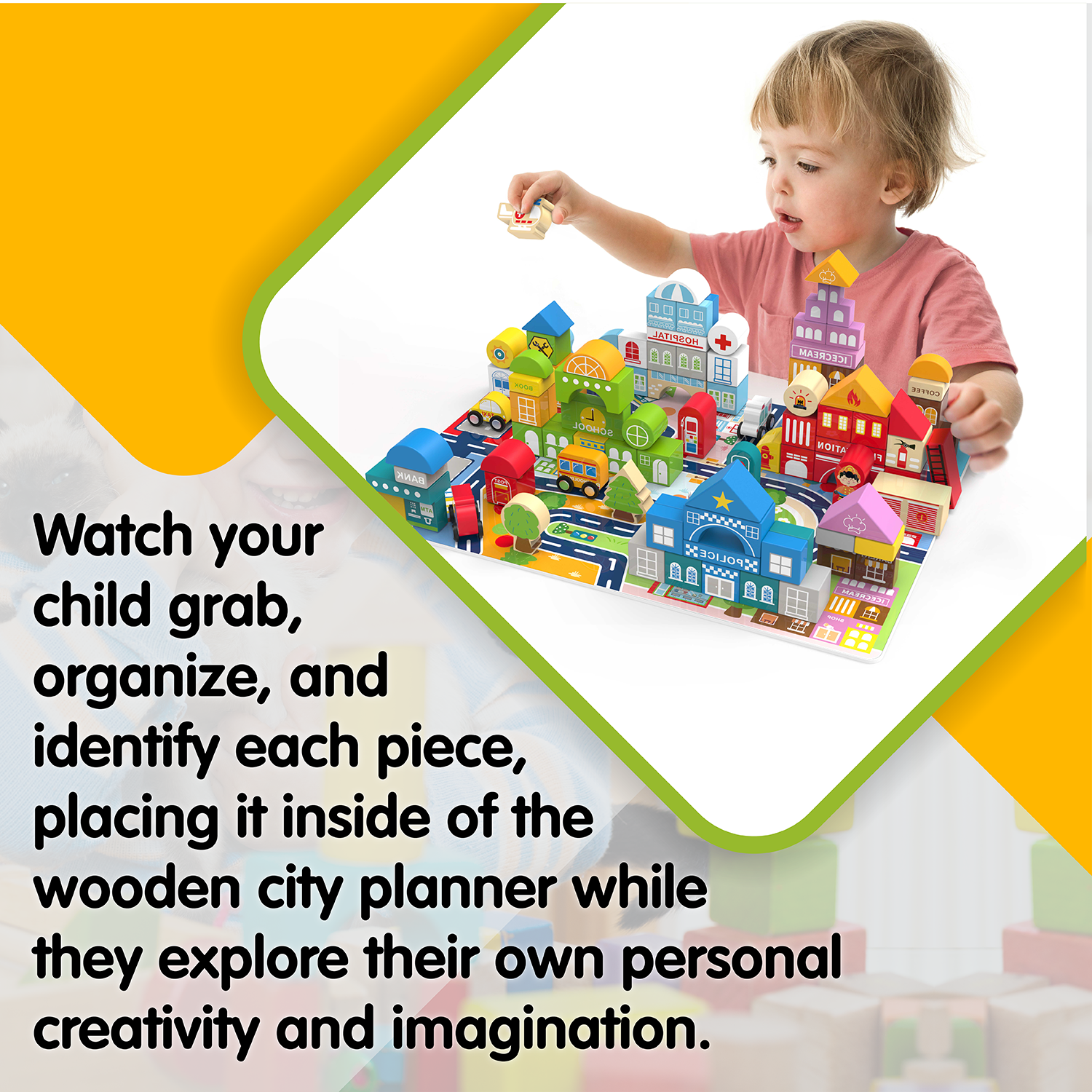 Wooden City Building Block Toy 100-Piece Set, City Construction Stacking Shape Recognition Set, with Buildings, Vehicles, Roads, People & More | Educational Kid’s Toy for Preschool or Presents