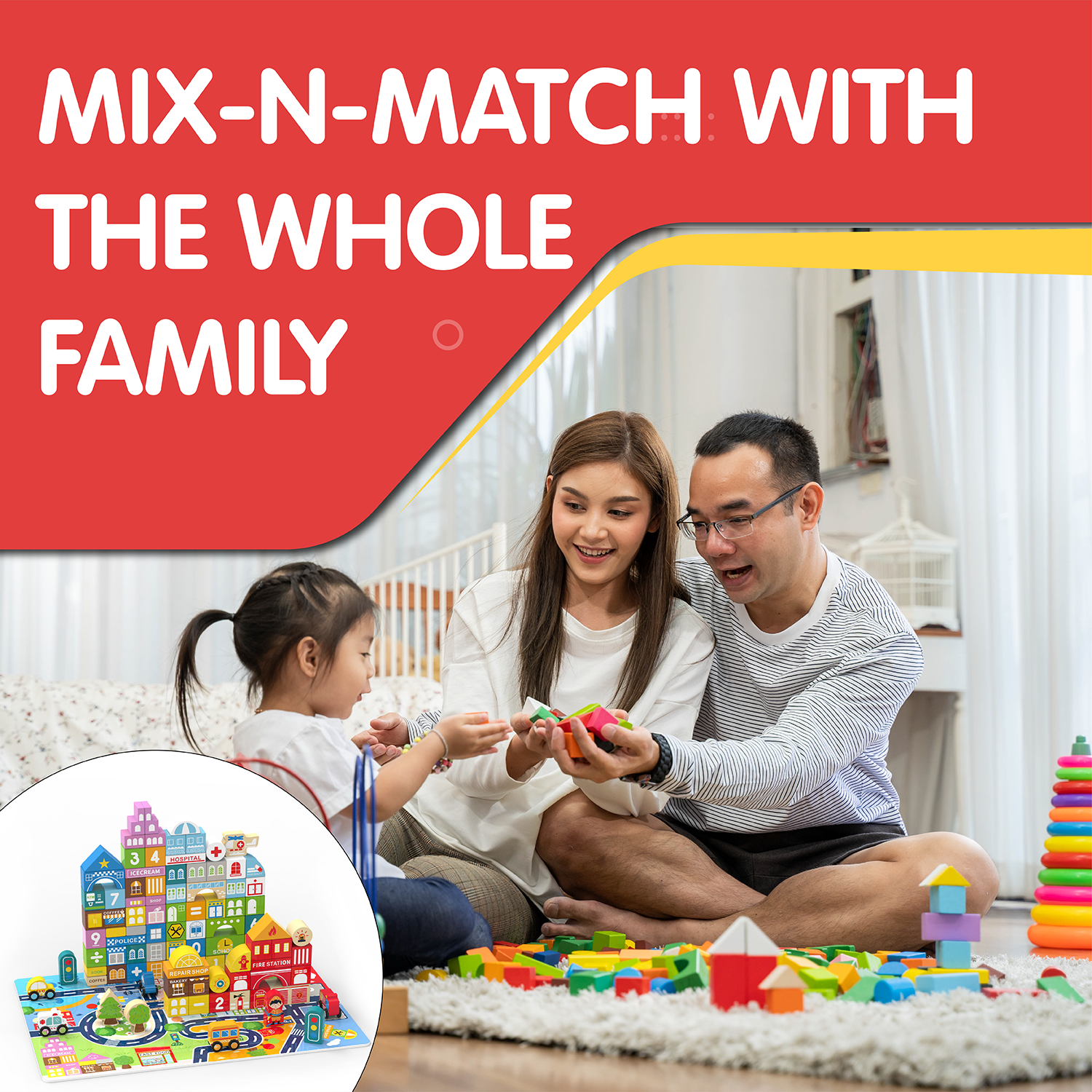 Wooden City Building Block Toy 100-Piece Set, City Construction Stacking Shape Recognition Set, with Buildings, Vehicles, Roads, People & More | Educational Kid’s Toy for Preschool or Presents