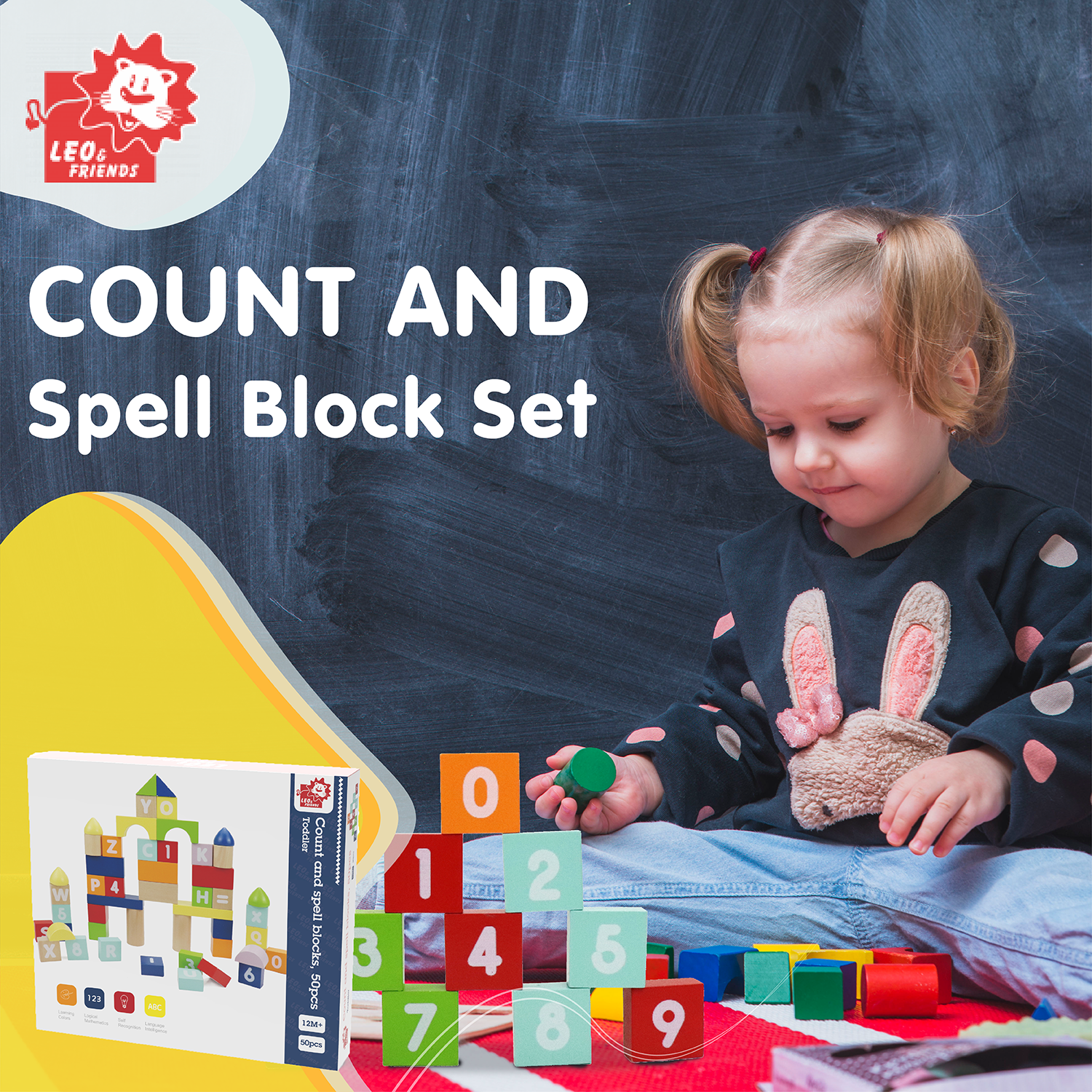 Count and Spell Block Set, 50-Piece Wooden Number and Letter Stacking Toy Kit for Ages 12-Months+ | Building Blocks for Toddlers, Learn Counting, Spelling, Sorting, Organization, Fine Motor Skills | For Boys and Girls
