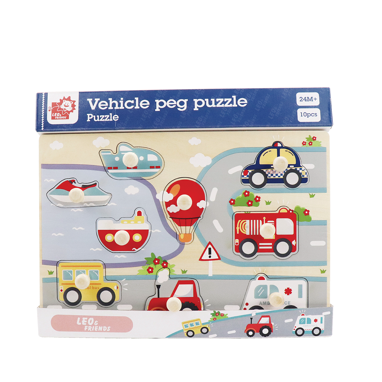 Leo & Friends Vehicle Peg Puzzle for 24-Months+ | Unisex Toddler Puzzle, Comes with 10-Pieces, Features Planes, Boats, Cars, Buses & More | Perfect Educational Gift, Made with 100% Premium Non-Toxic Wood