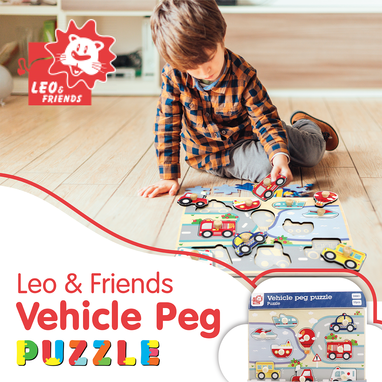 Leo & Friends Vehicle Peg Puzzle for 24-Months+ | Unisex Toddler Puzzle, Comes with 10-Pieces, Features Planes, Boats, Cars, Buses & More | Perfect Educational Gift, Made with 100% Premium Non-Toxic Wood