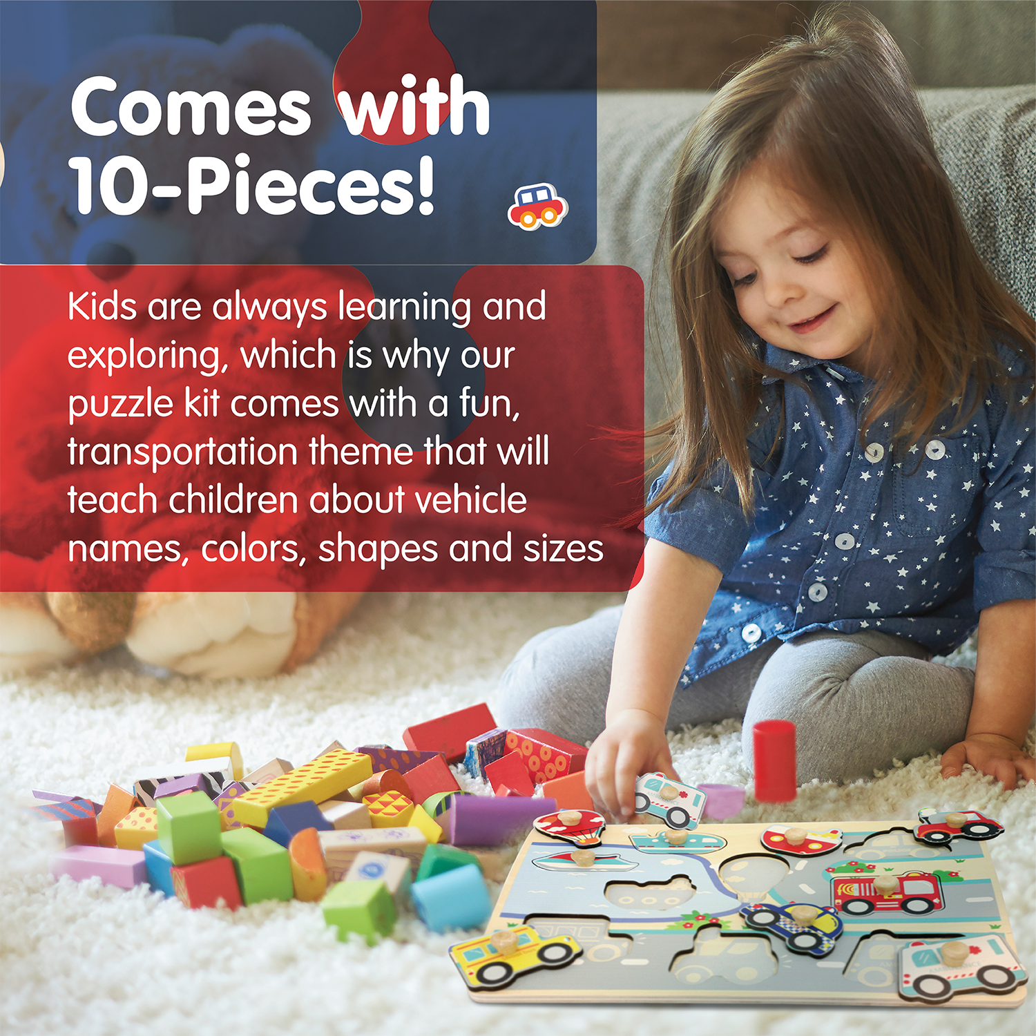 Leo & Friends Vehicle Peg Puzzle for 24-Months+ | Unisex Toddler Puzzle, Comes with 10-Pieces, Features Planes, Boats, Cars, Buses & More | Perfect Educational Gift, Made with 100% Premium Non-Toxic Wood